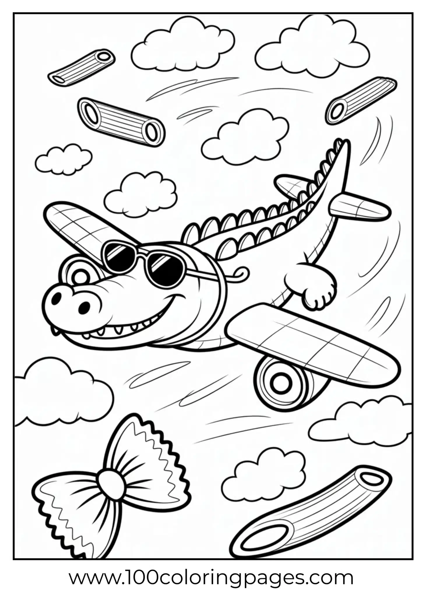 Alligator piloting an airplane with clouds and pasta shapes