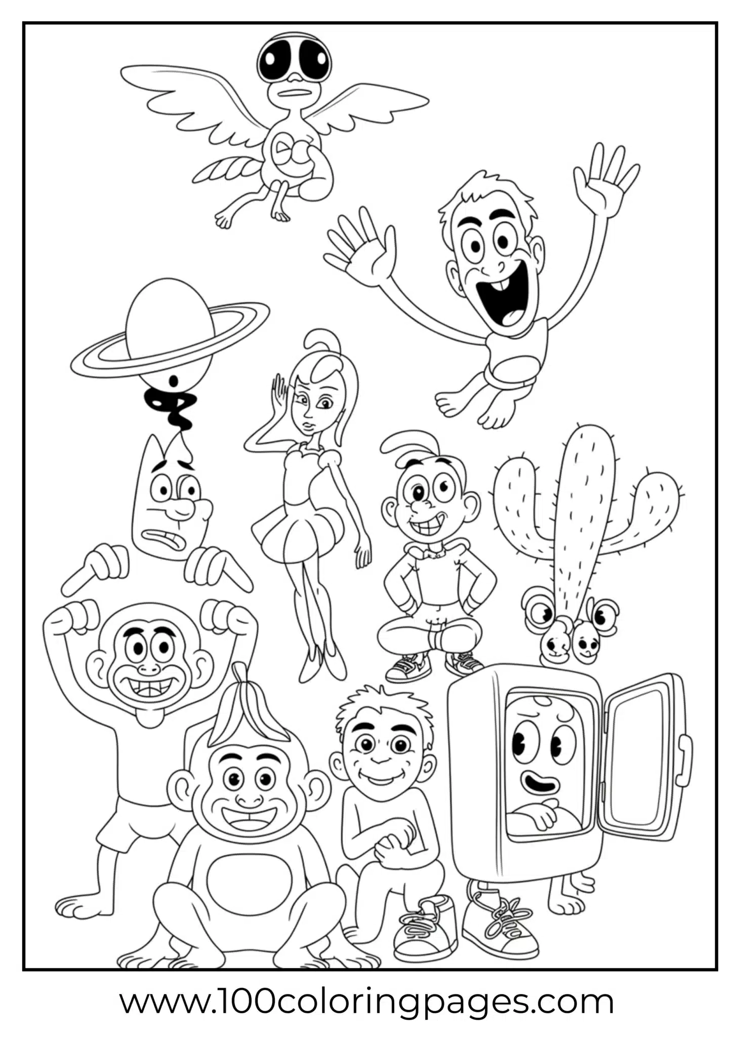 Various cartoon characters in funny poses for coloring