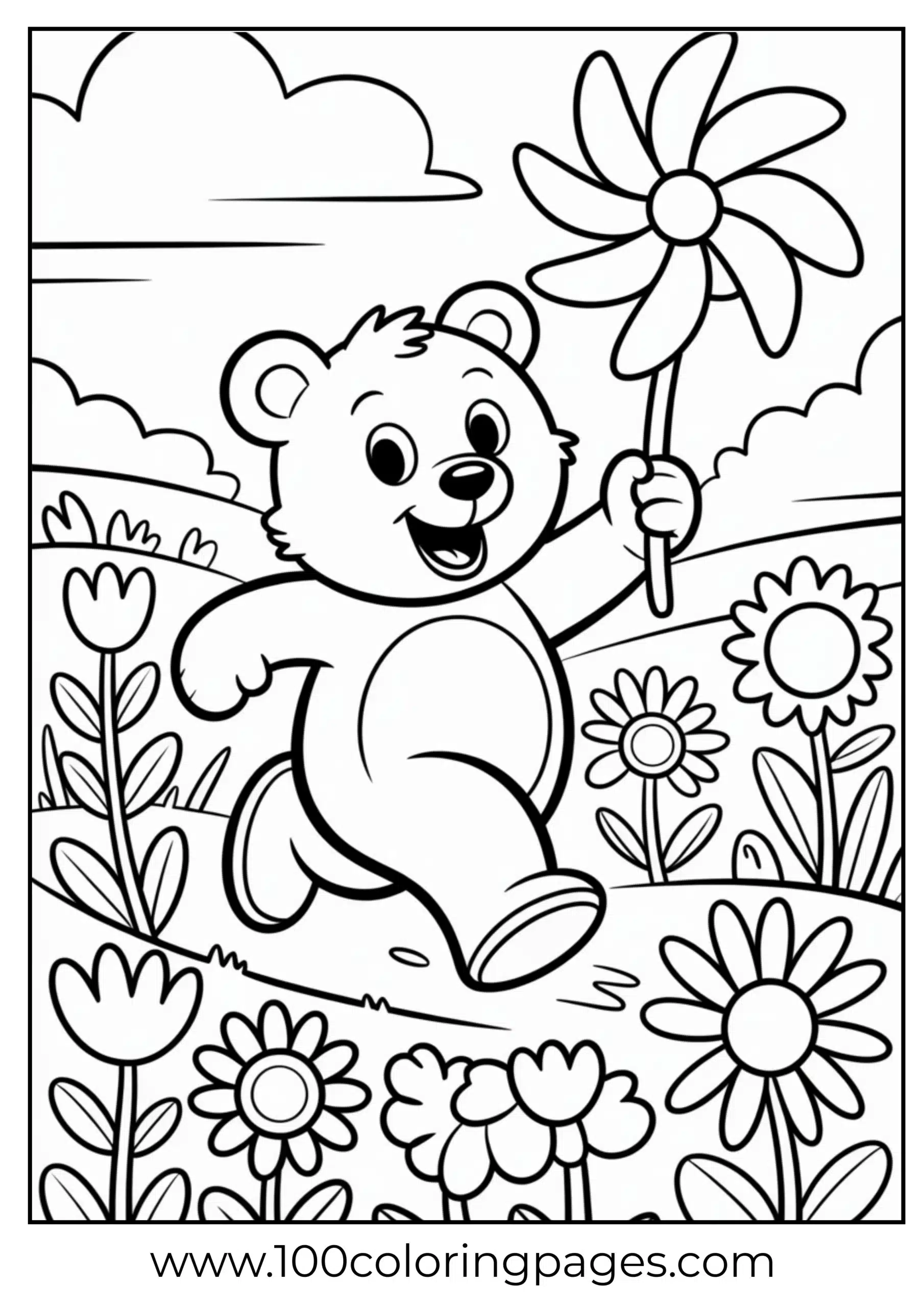 Funshine Bear running with pinwheel coloring page