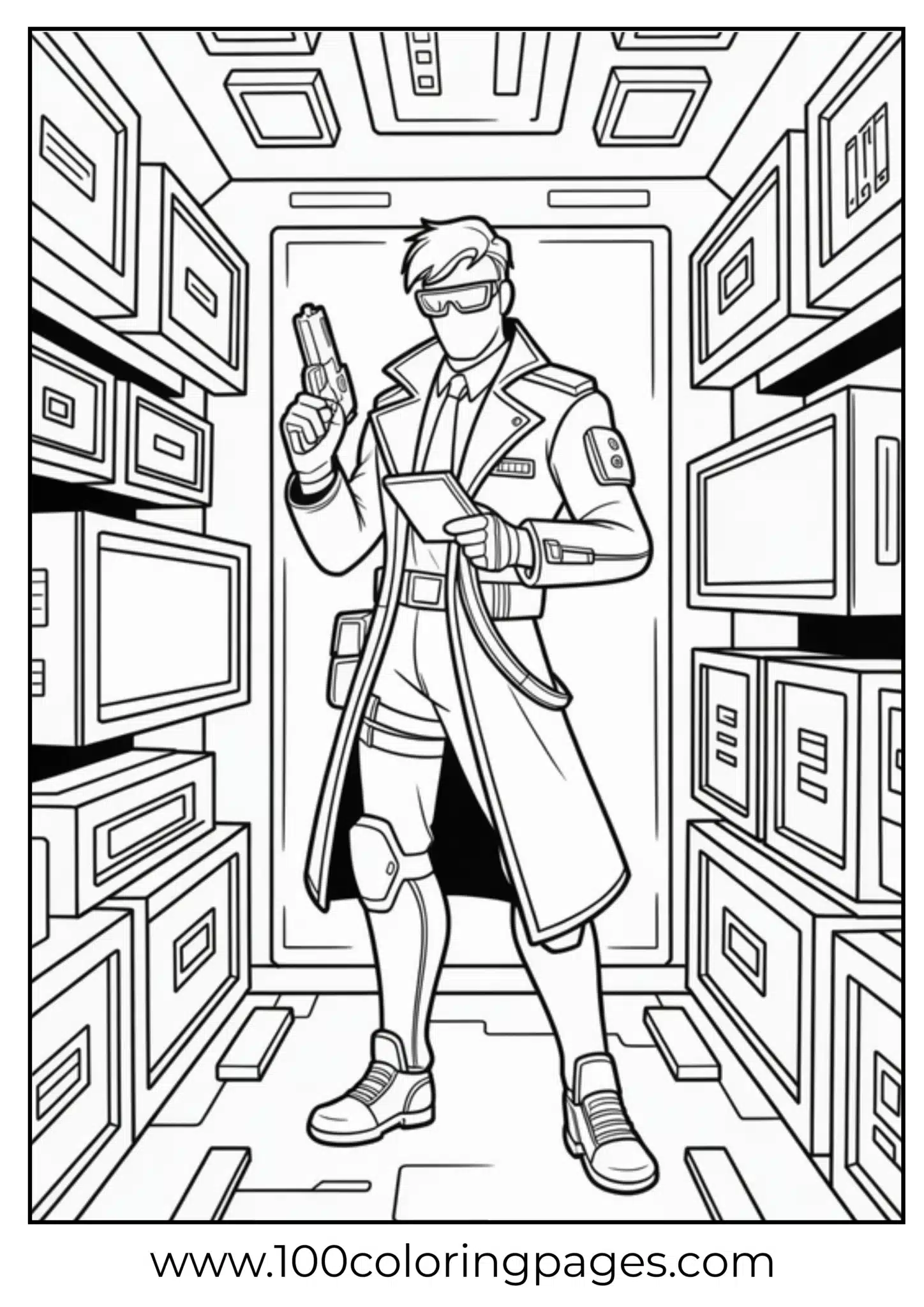 A futuristic scientist holding a gadget inside a tech room