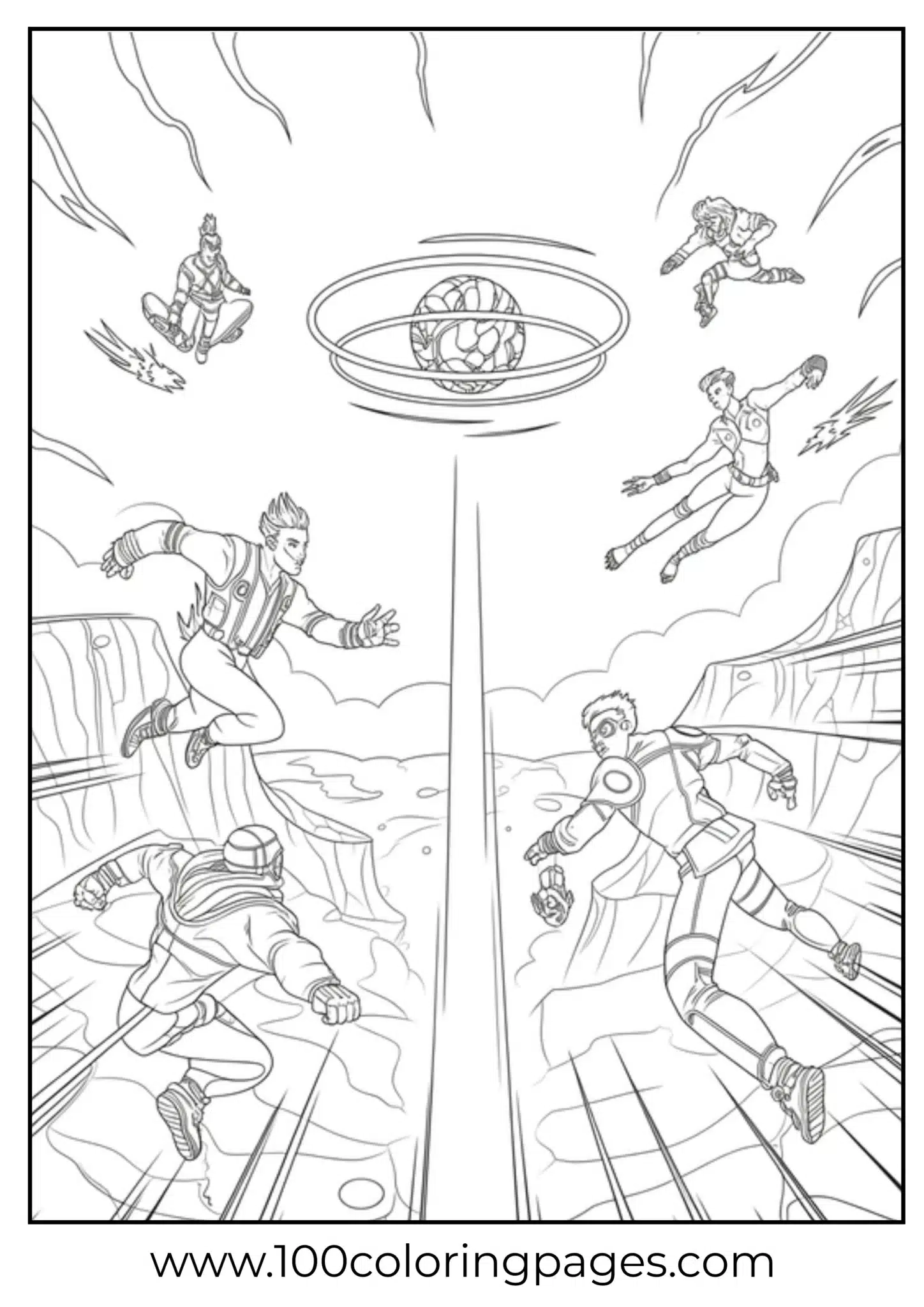 Futuristic characters flying and fighting in space