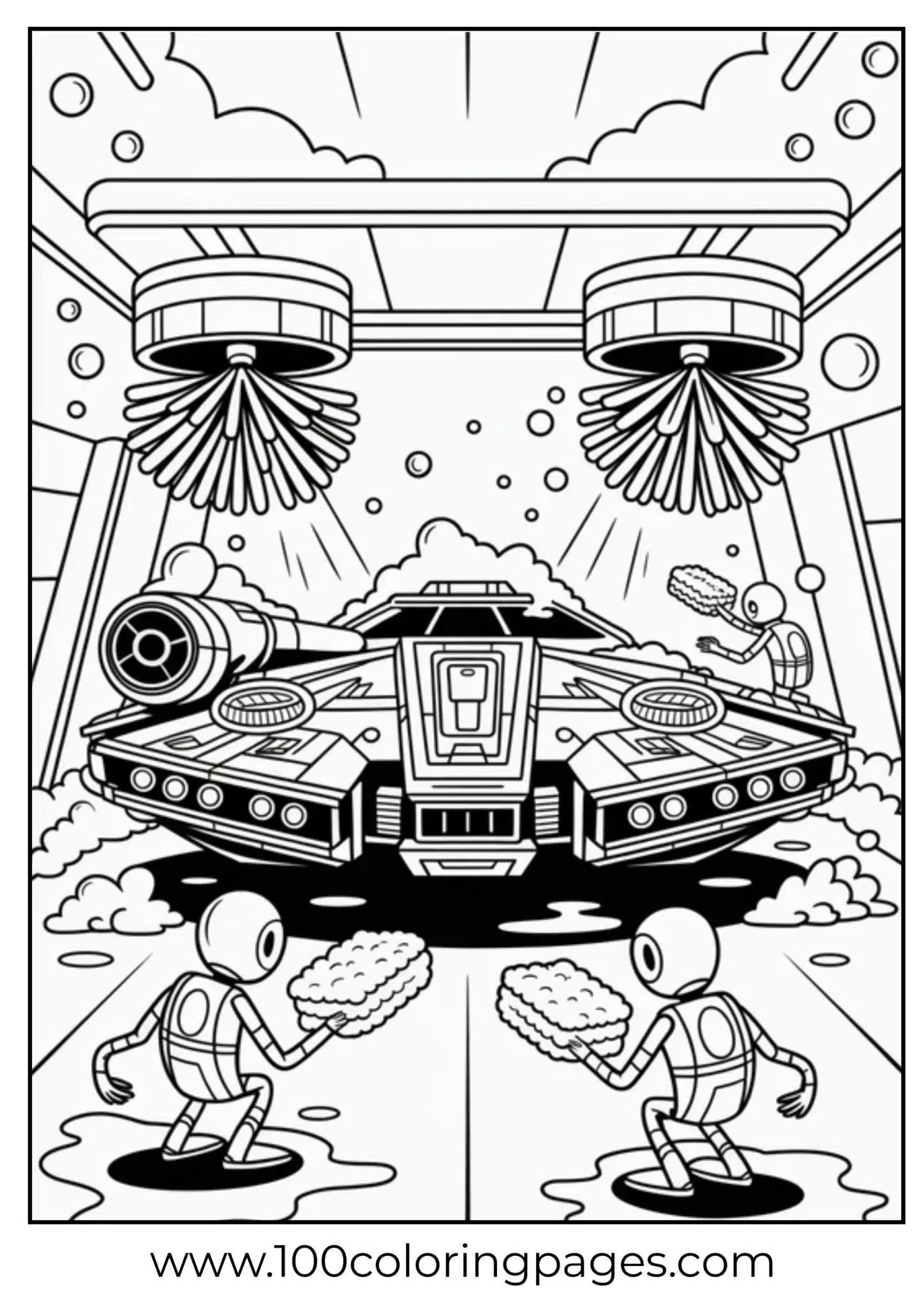 Futuristic spacecraft with robots washing it in a hangar