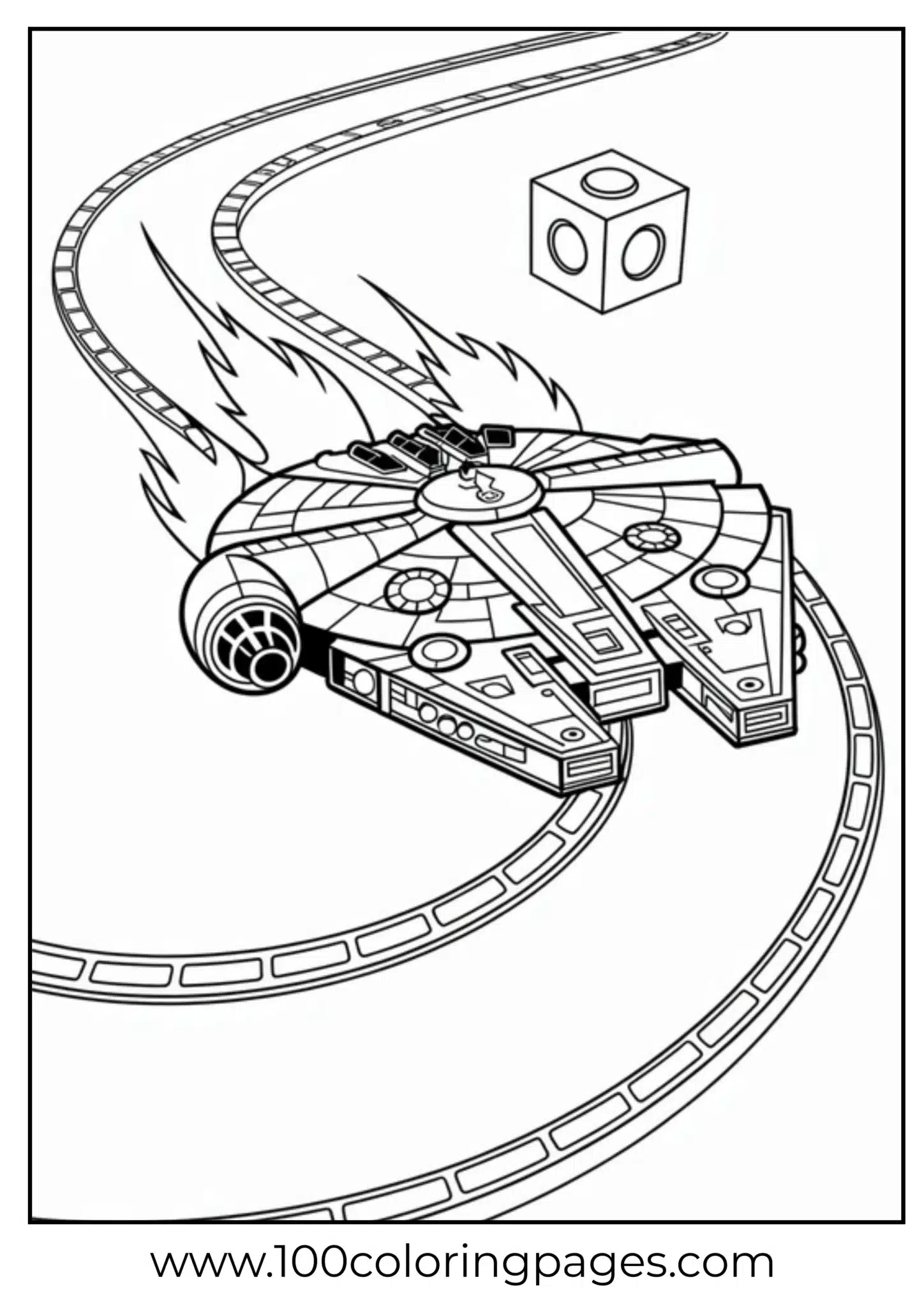 Coloring page of a spacecraft racing on a track with a flying dice