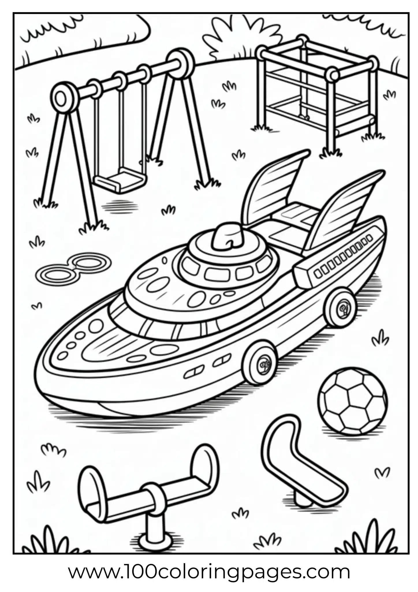 Spaceship and playground equipment on a coloring page
