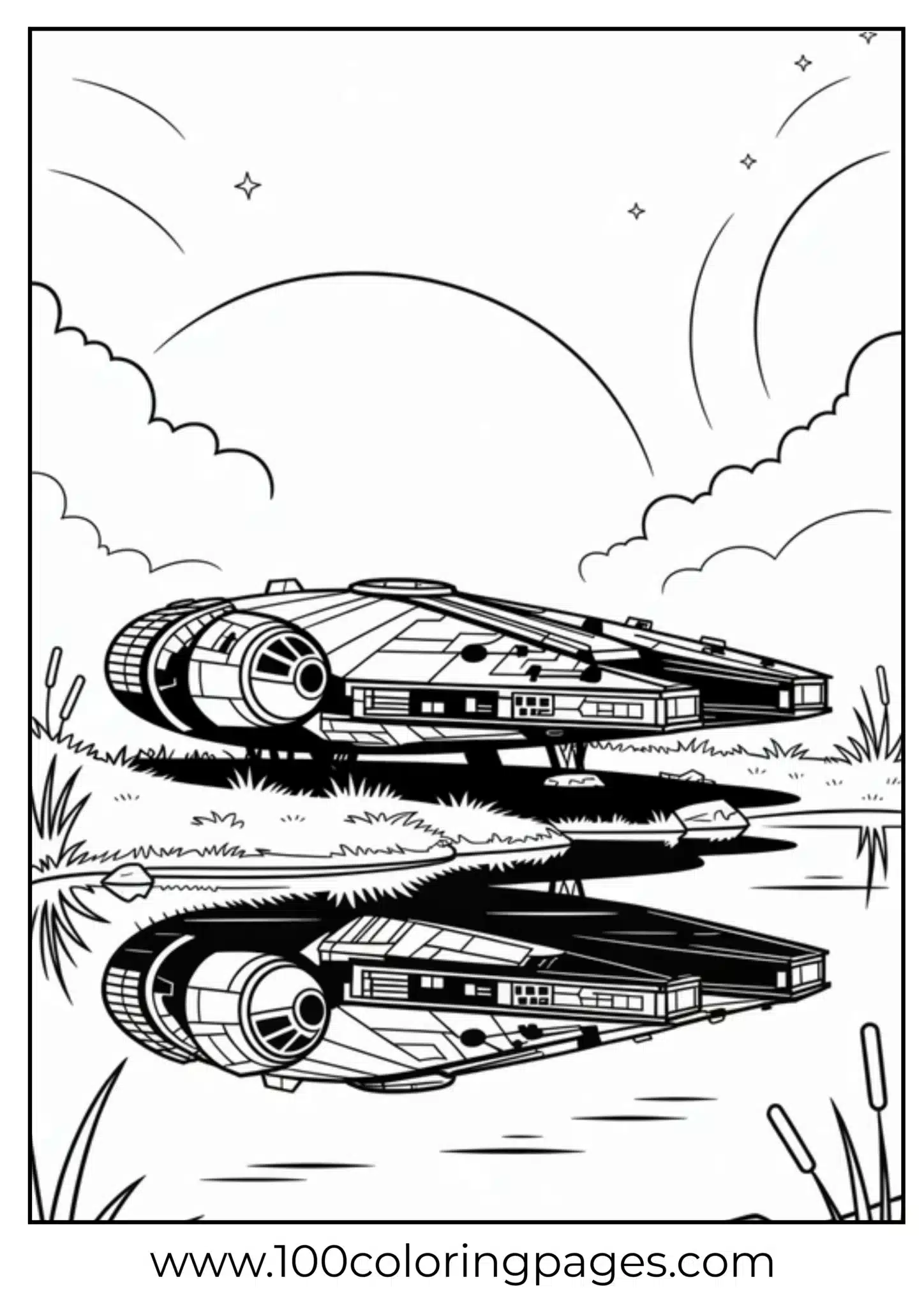 Futuristic spaceship over clouds printable coloring page