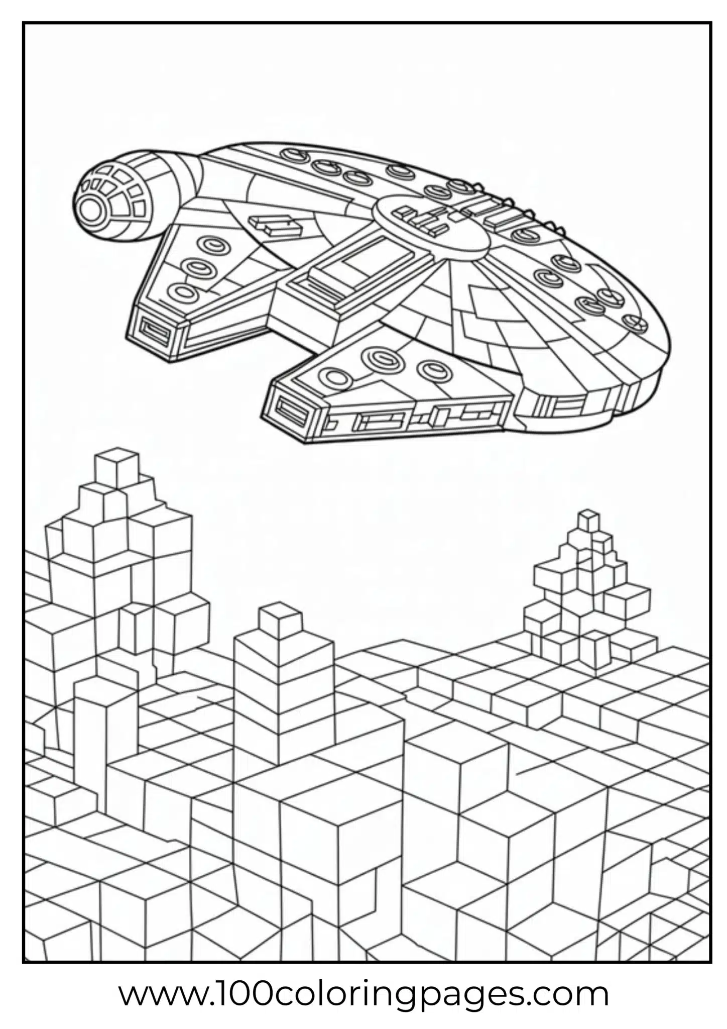 Coloring page of a spaceship over a geometric landscape