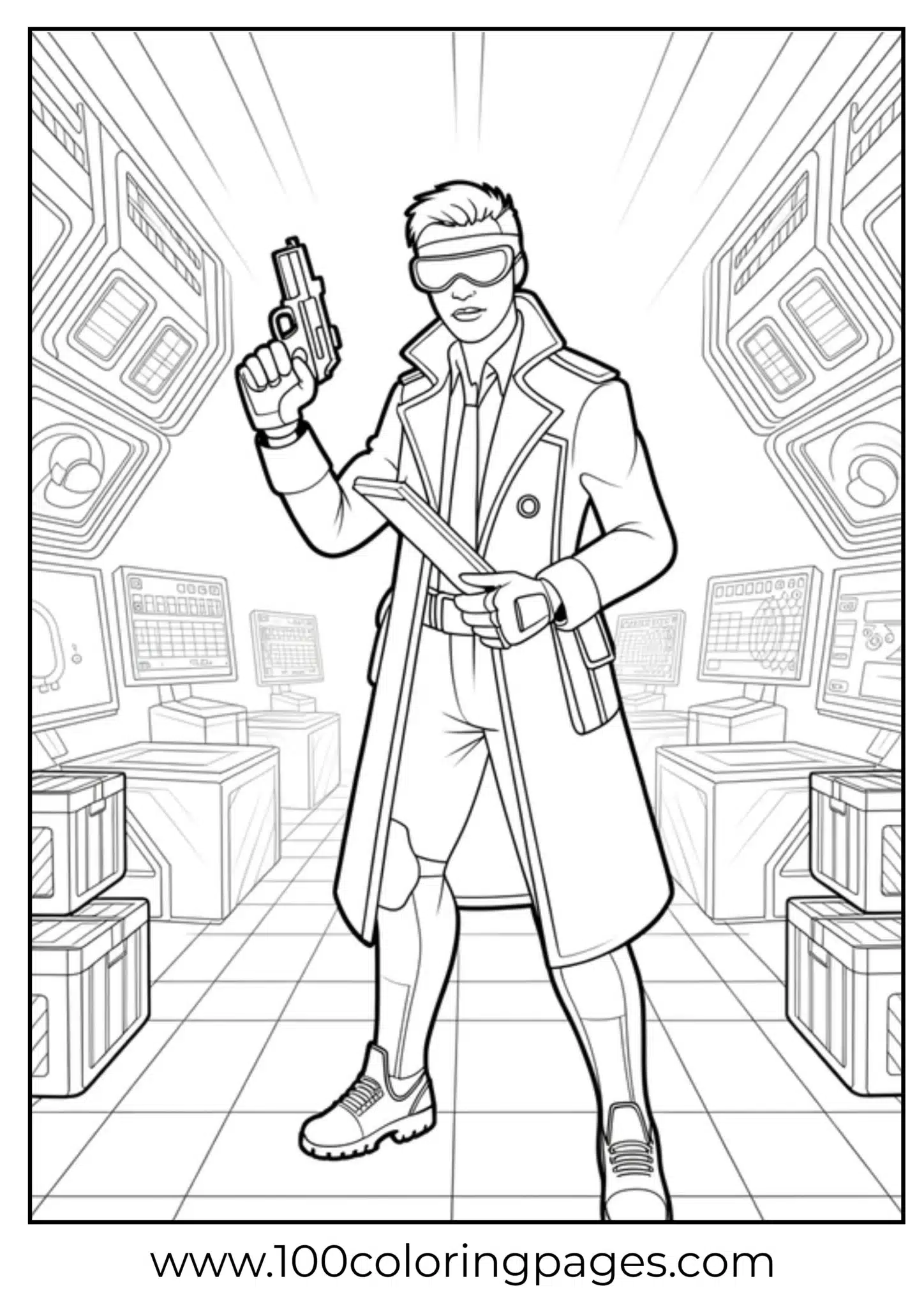 Futuristic spy character holding a gadget in a high-tech room