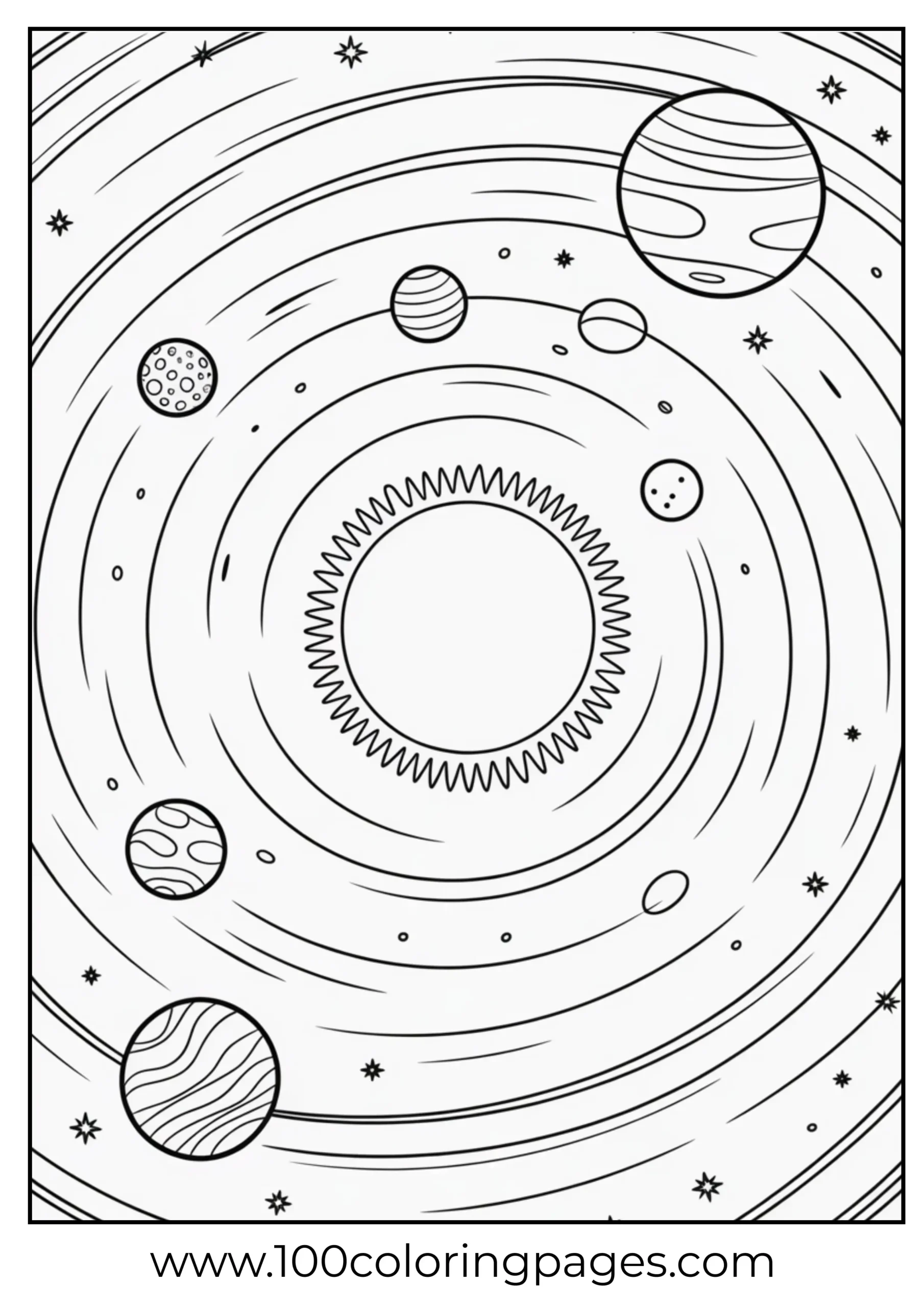 Solar system with galaxy swirl coloring page