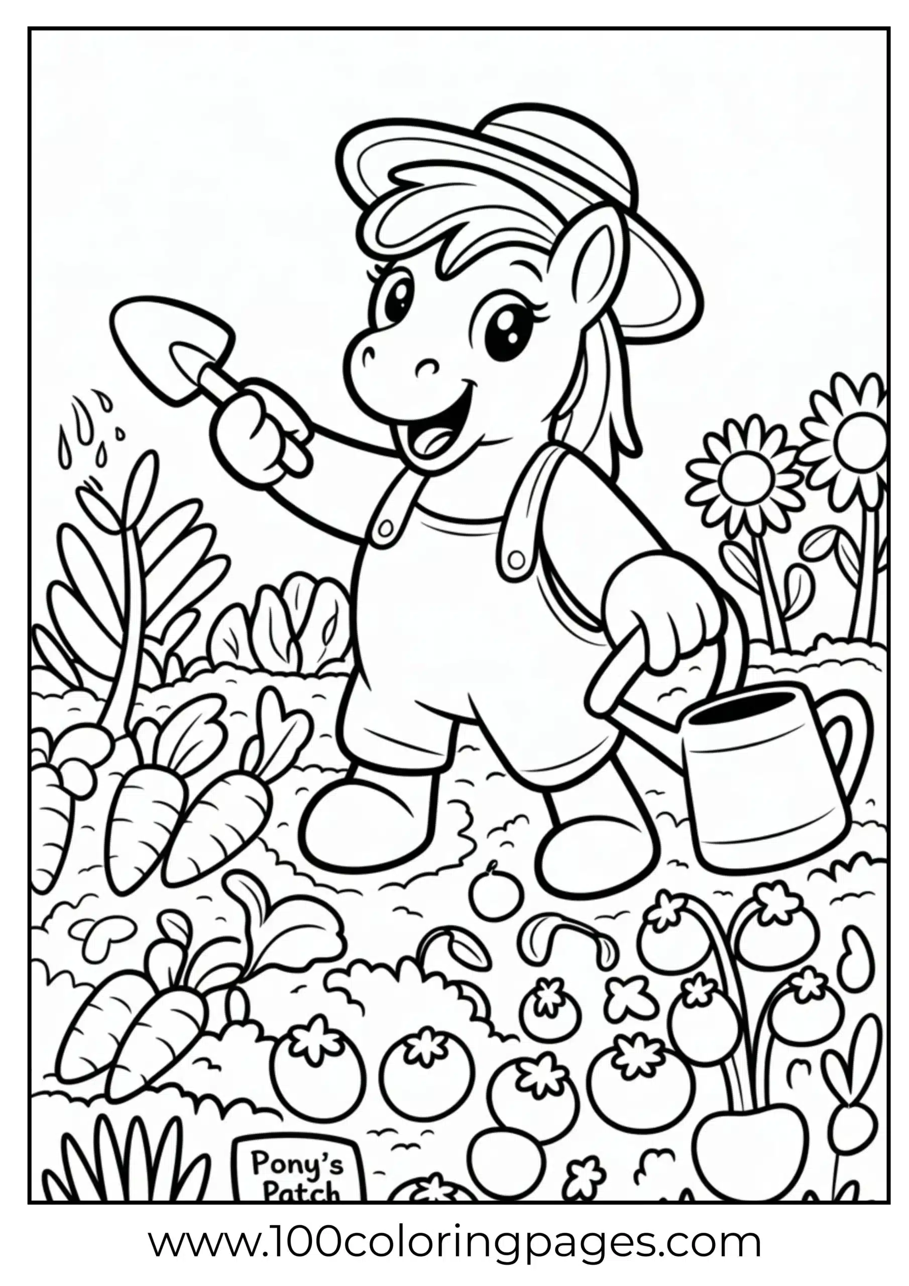 Pony gardening among vegetables
