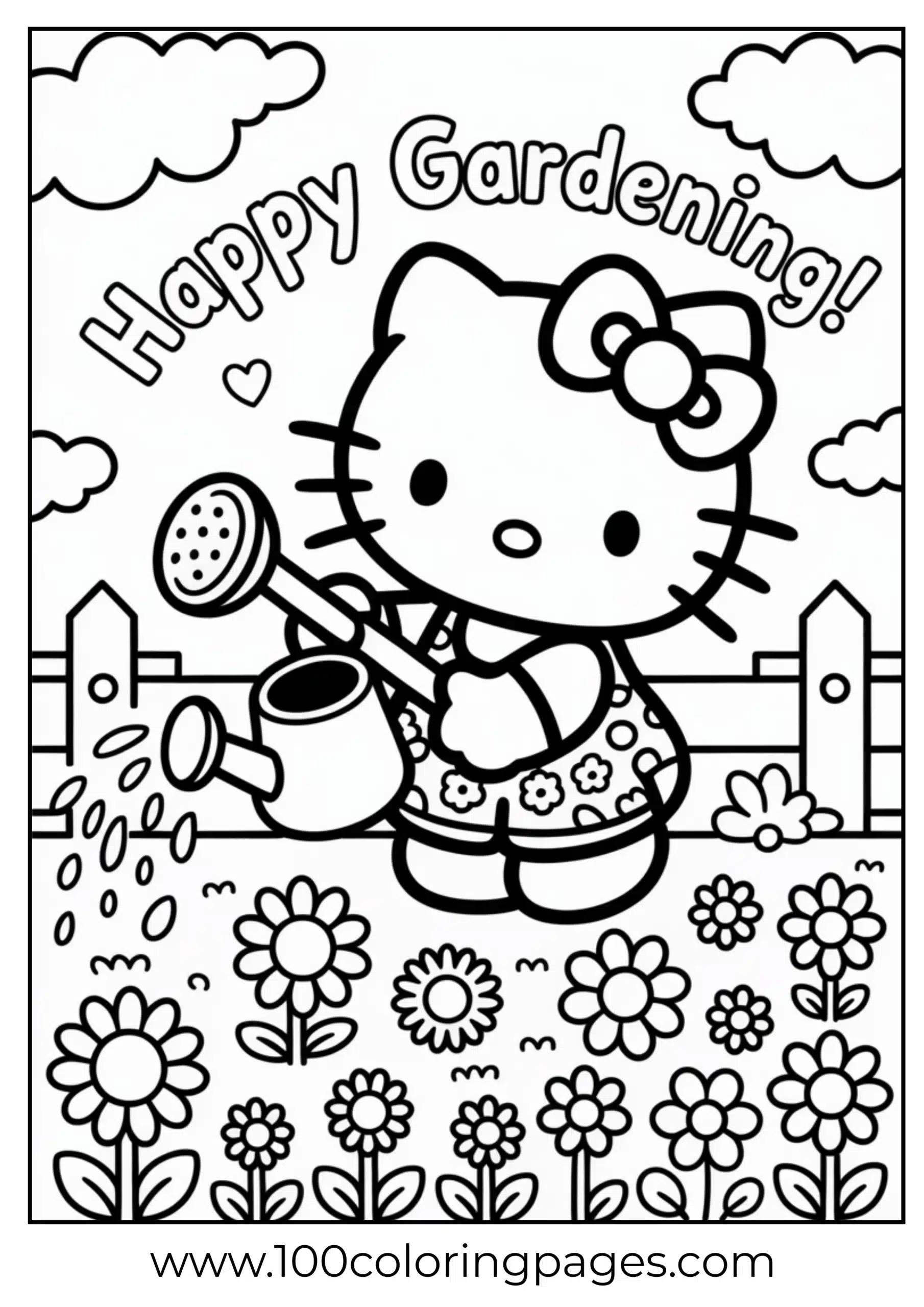 Hello Kitty watering garden coloring page