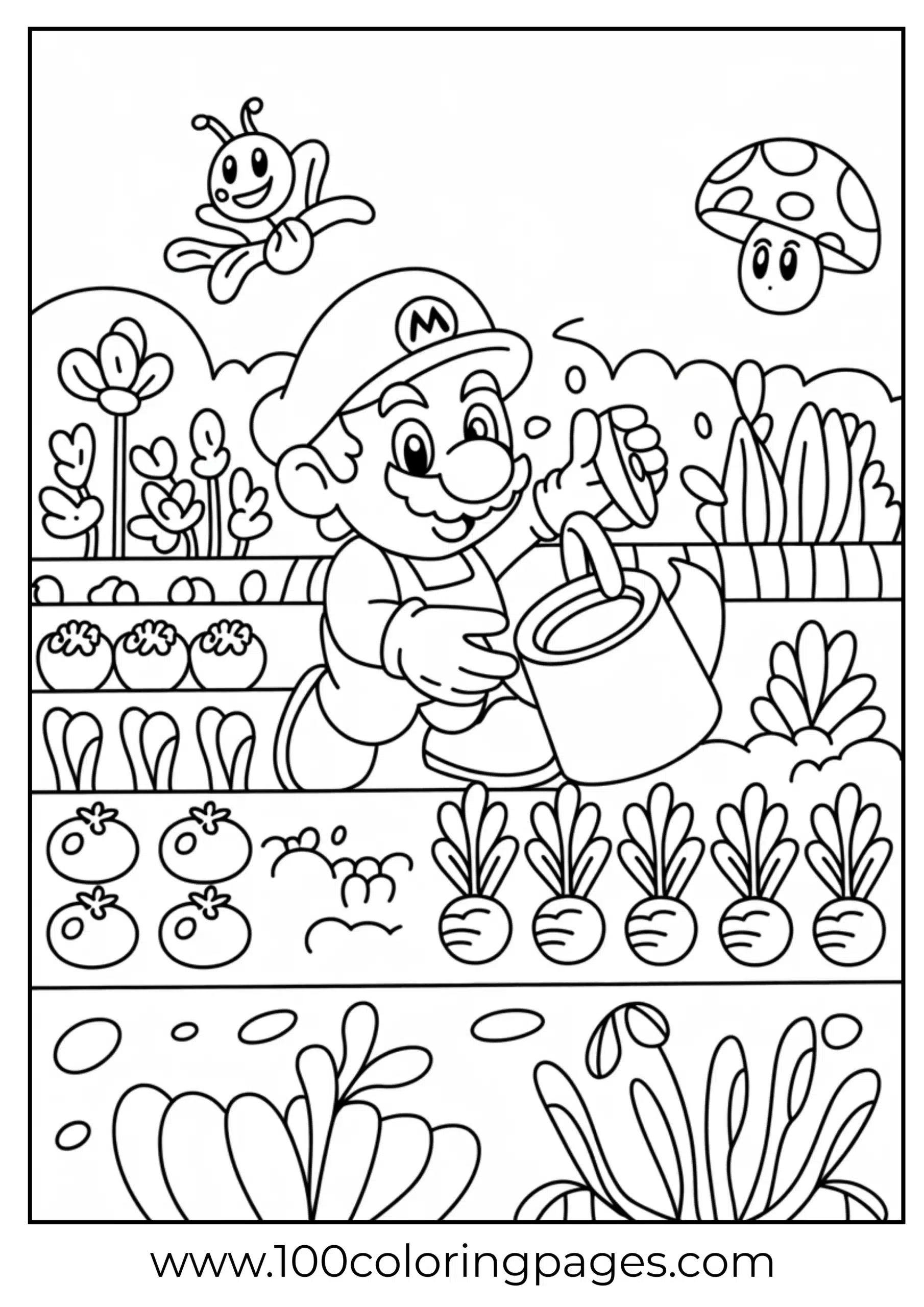 Mario gardening with watering can in cartoon style