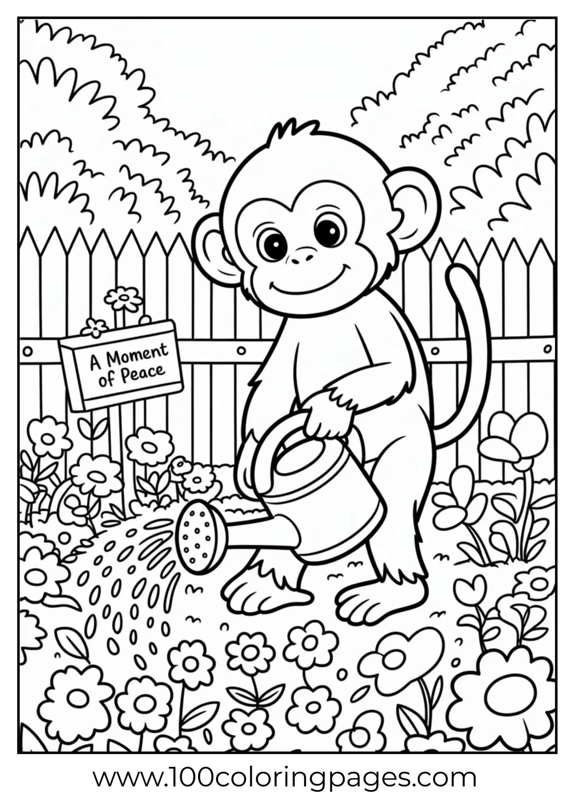Monkey watering garden flowers coloring page