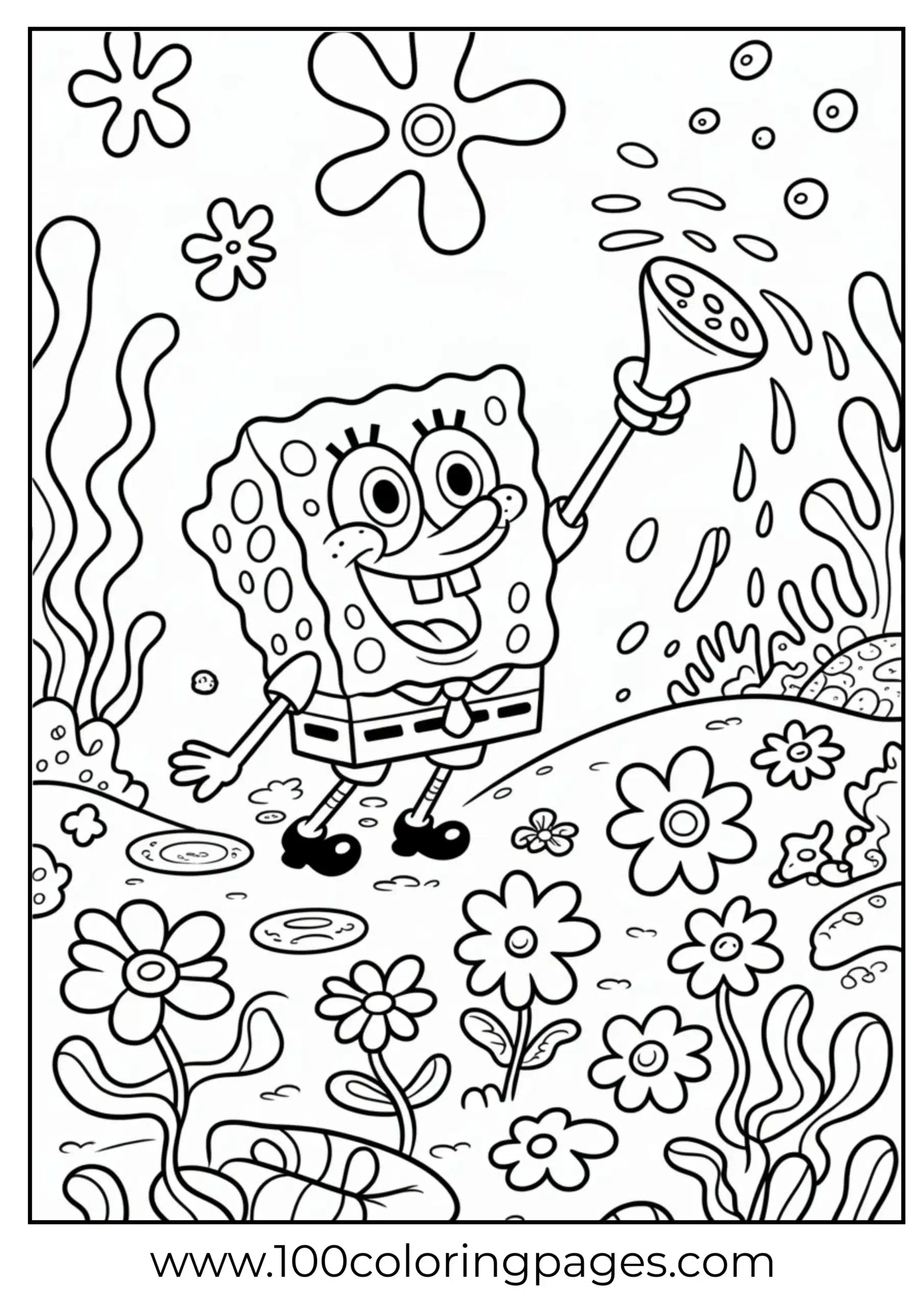 SpongeBob watering flowers with watering can as coloring page