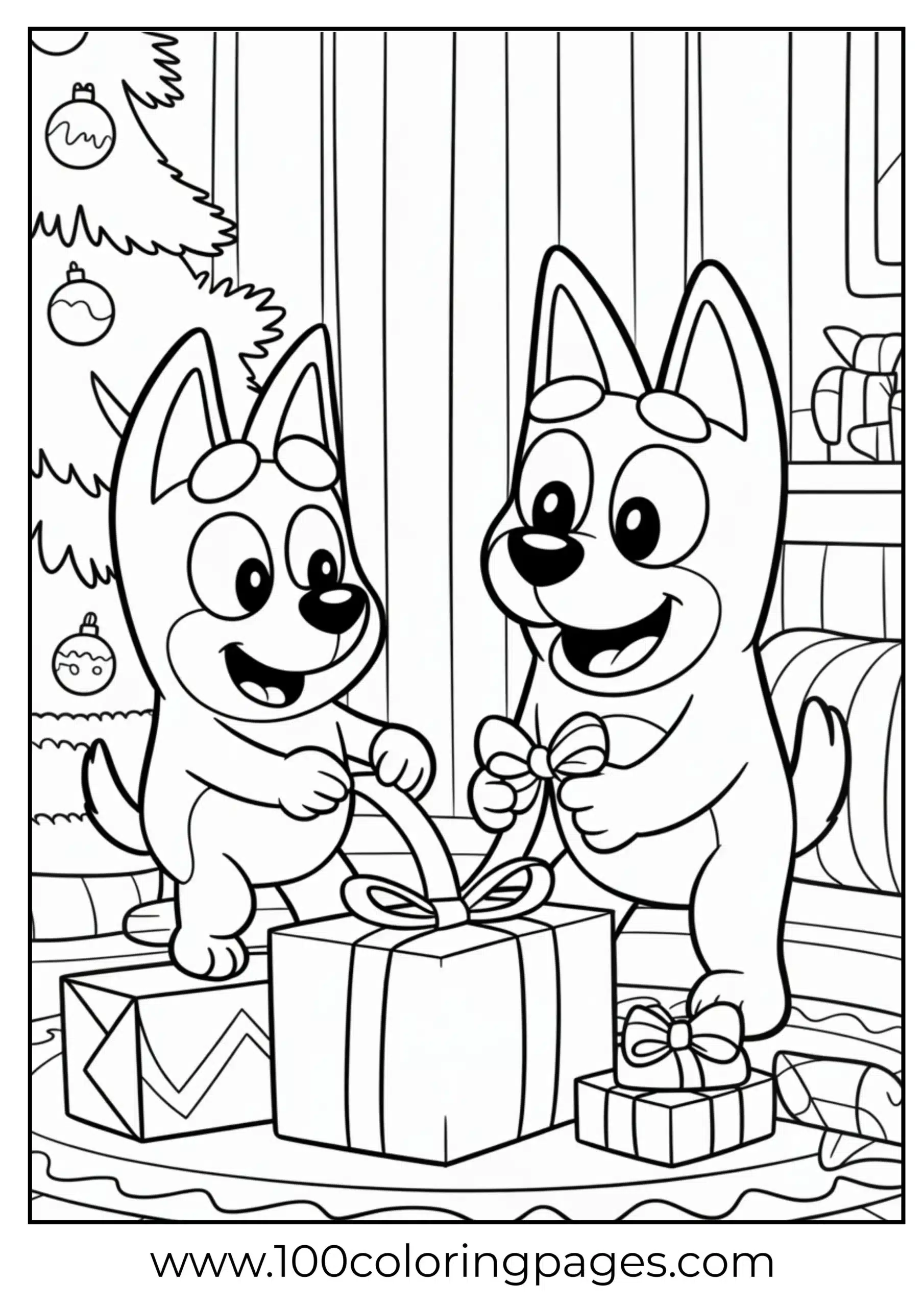 Bluey and Bingo wrapping gifts coloring page