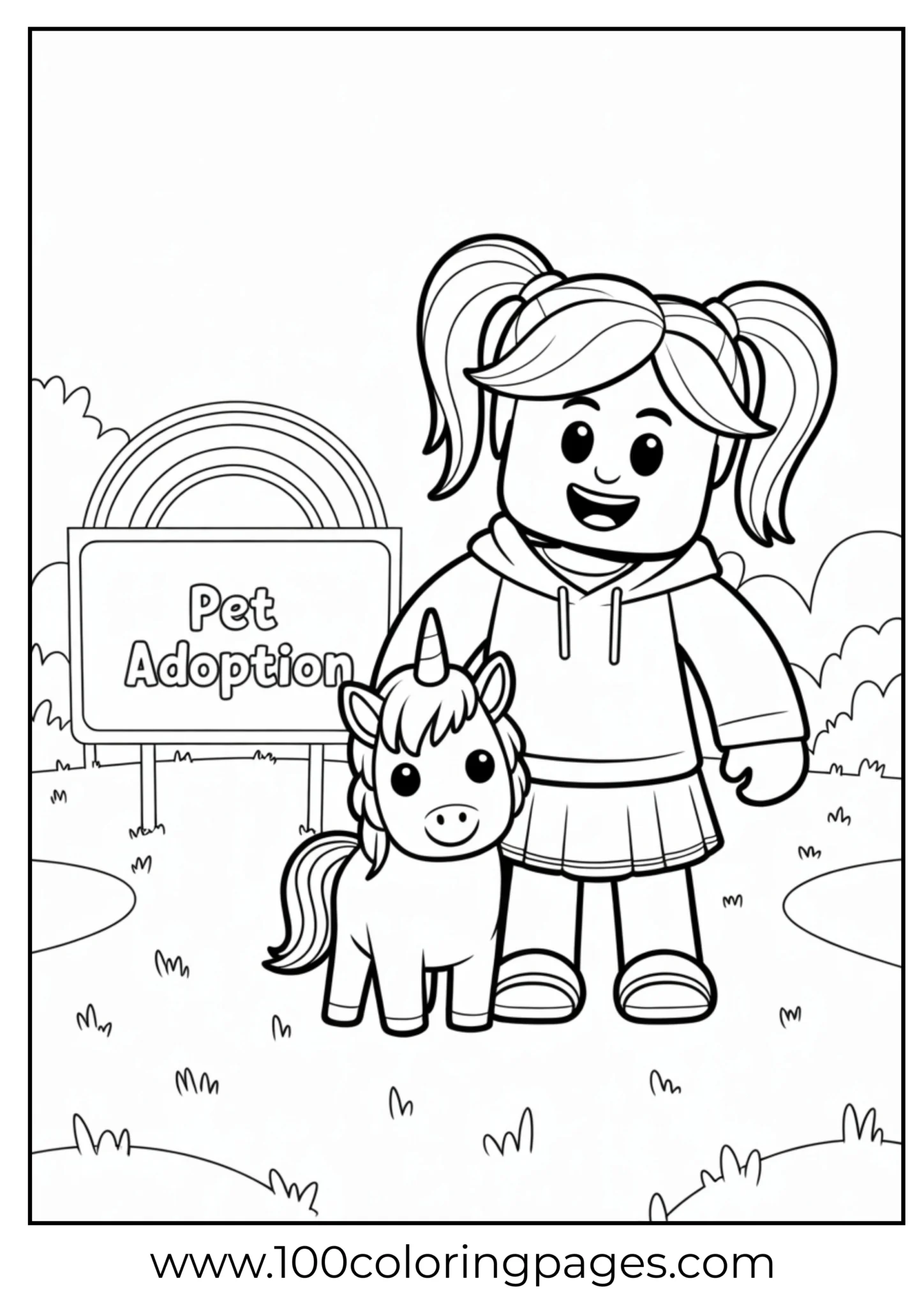 Girl with a unicorn by a 'Pet Adoption' sign coloring page