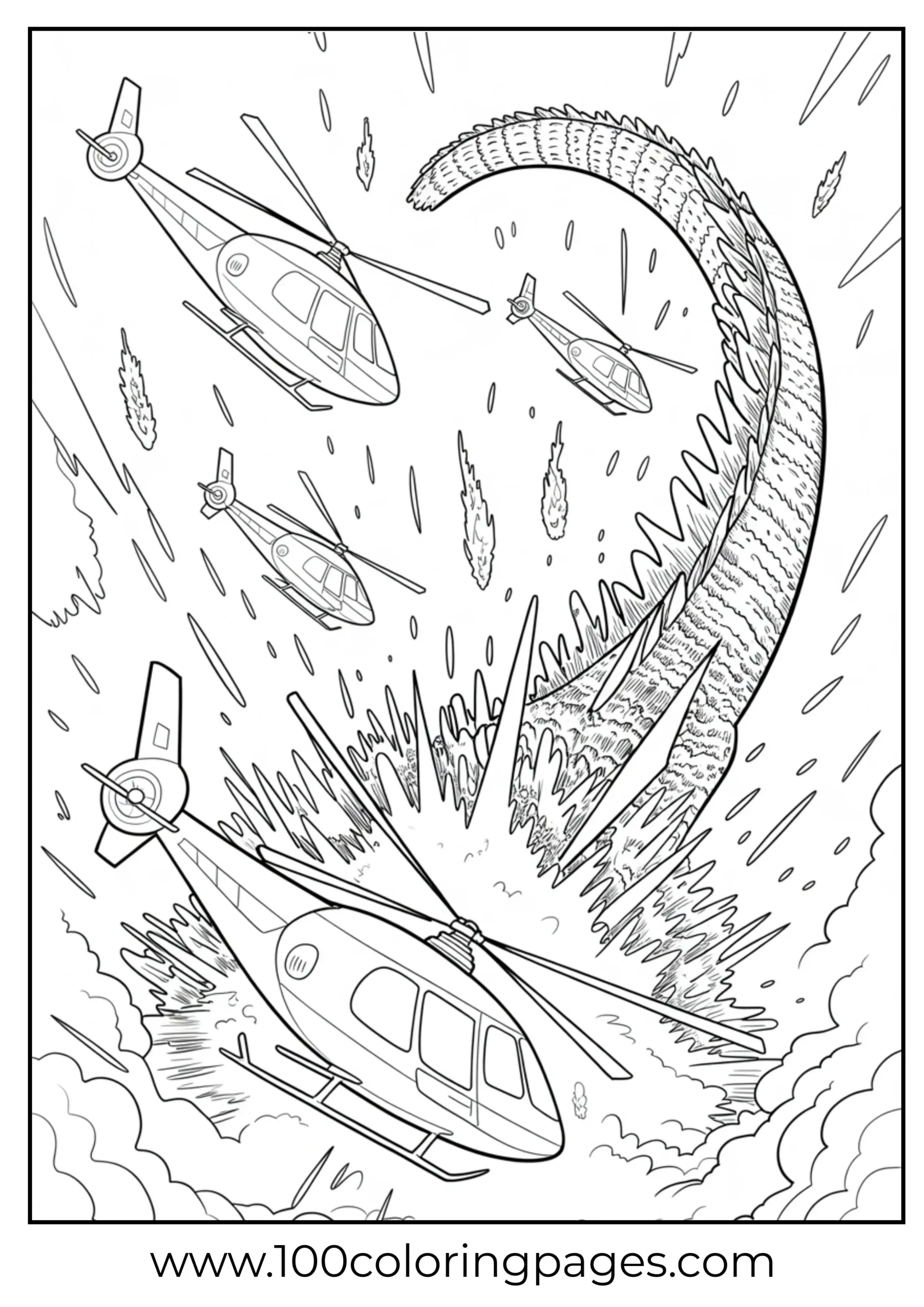 Godzilla tail striking flying helicopters coloring page
