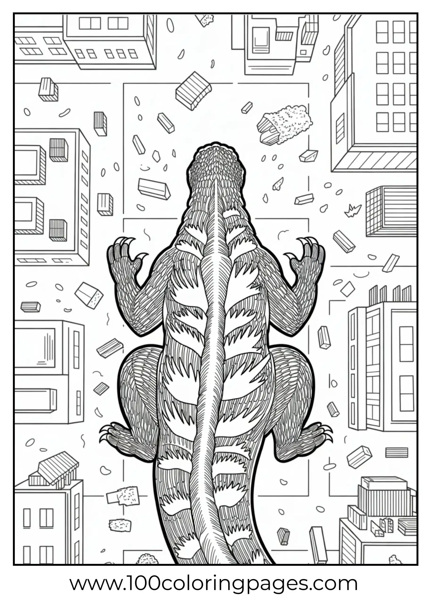 Godzilla seen from above crushing buildings coloring page