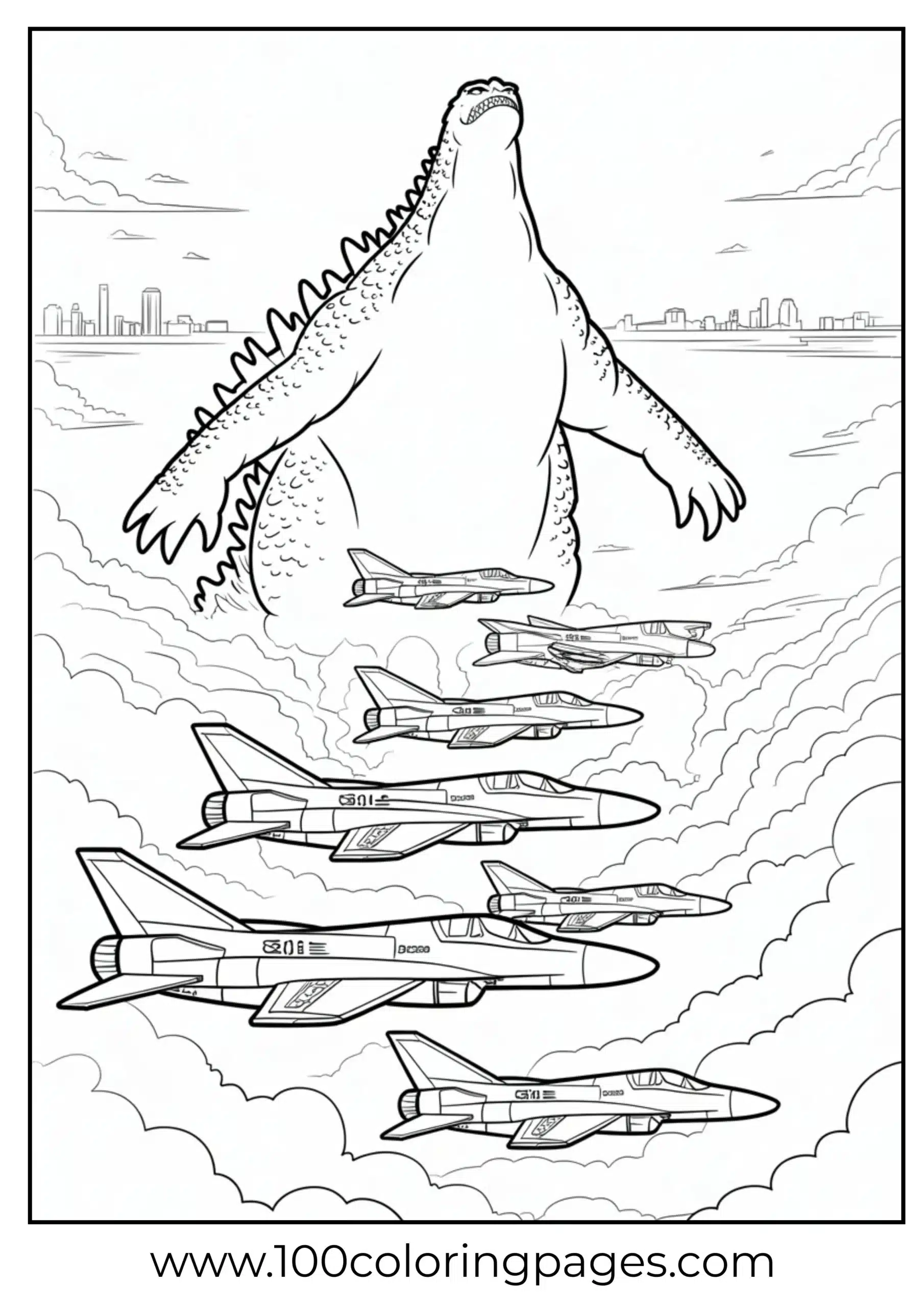 Godzilla looming over jets in sky coloring page