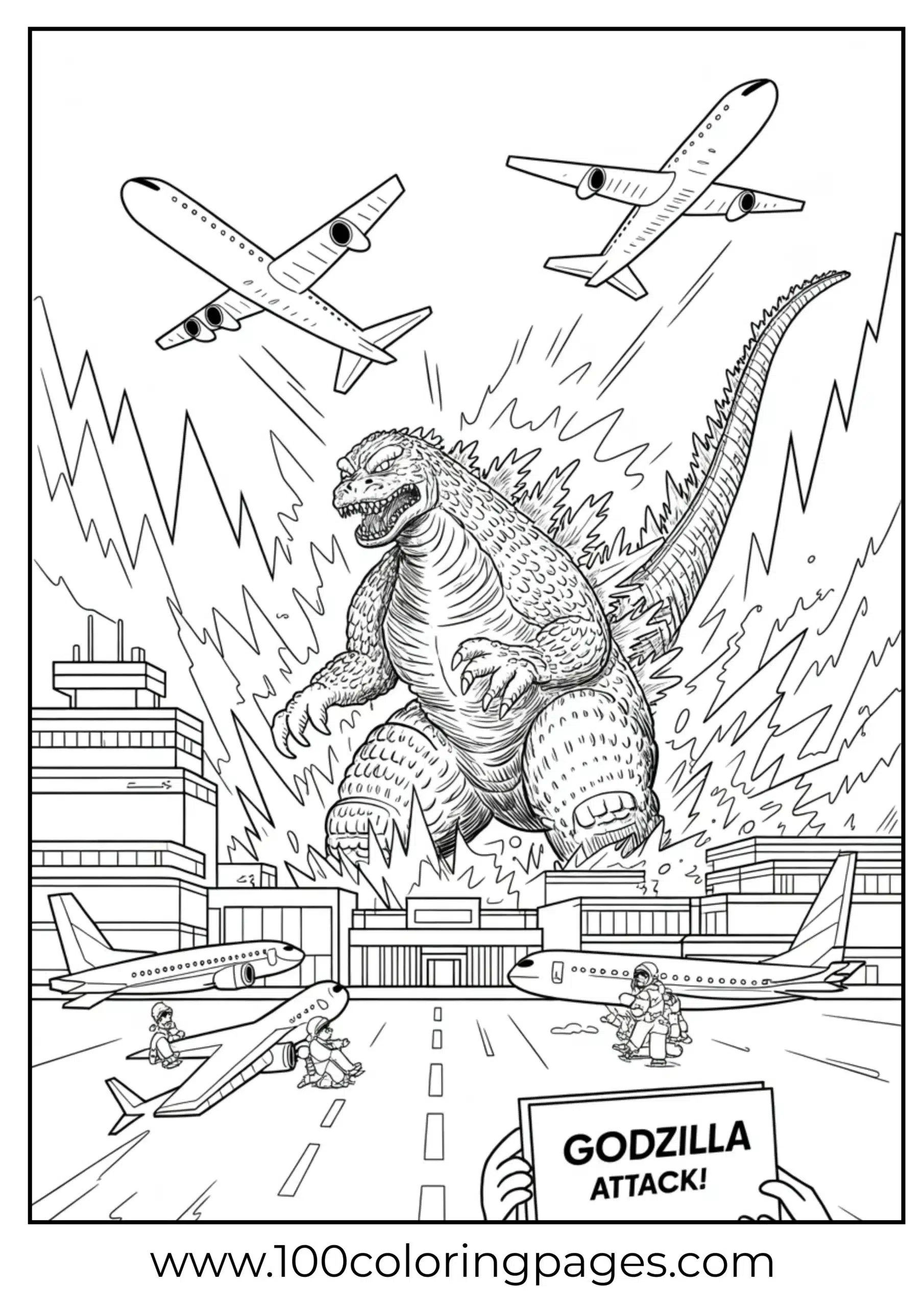Godzilla rampaging at airport with planes coloring page