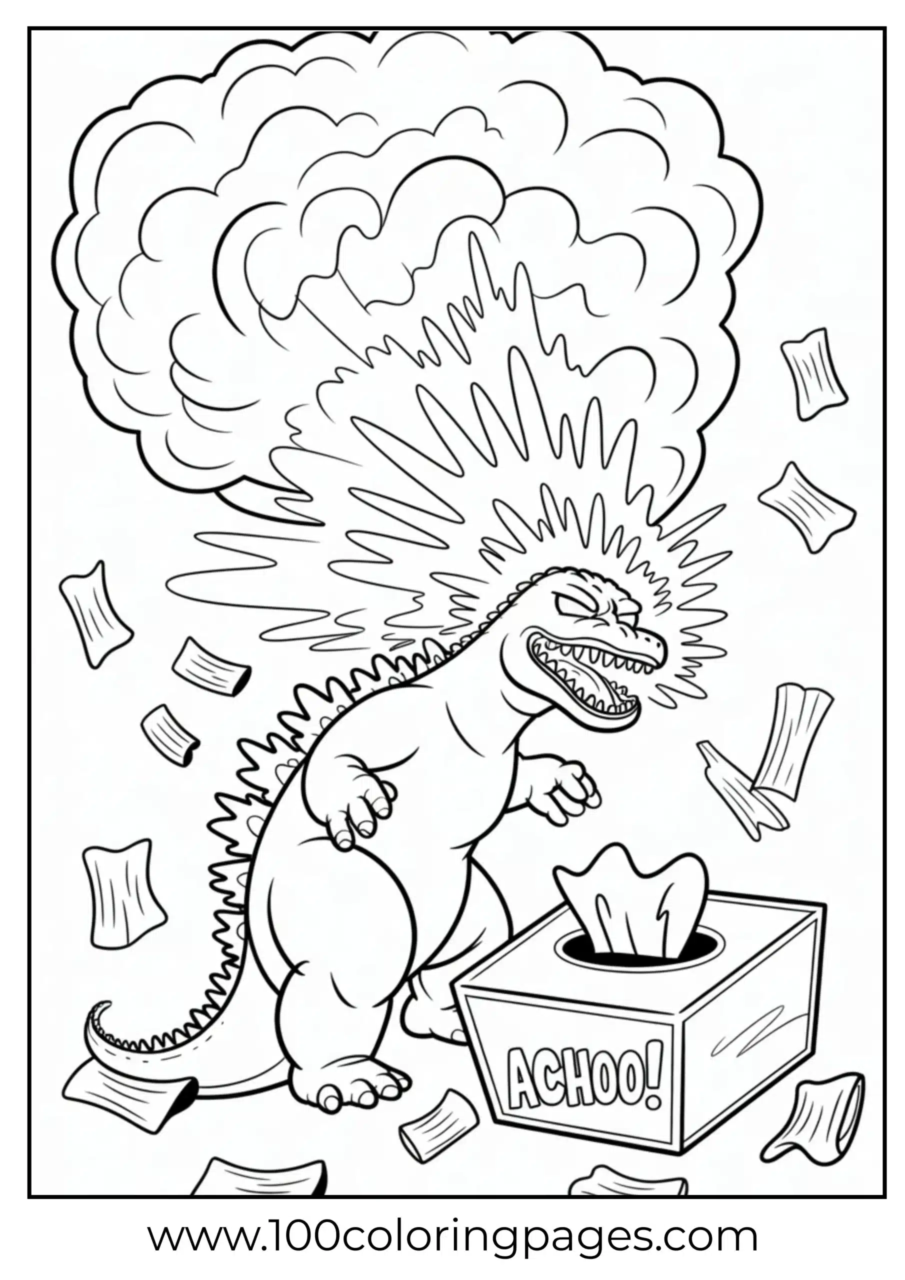 Godzilla sneezing atomic energy with tissue box coloring page