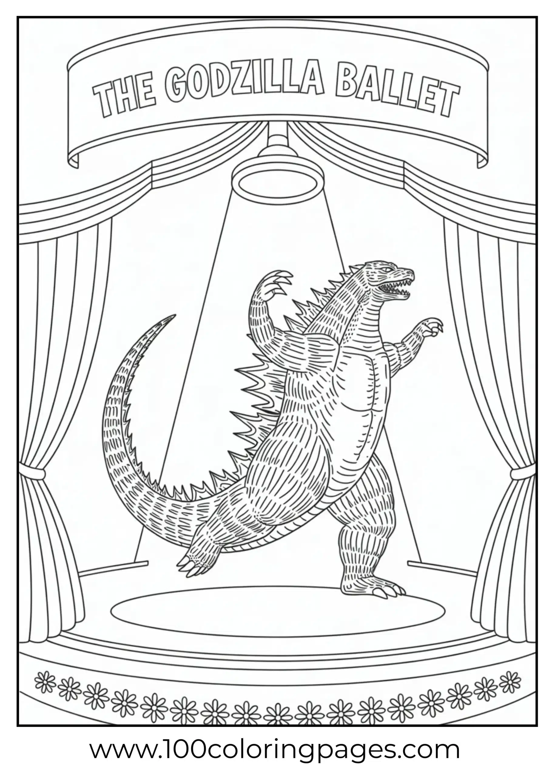 Godzilla dancing ballet under stage lights coloring page