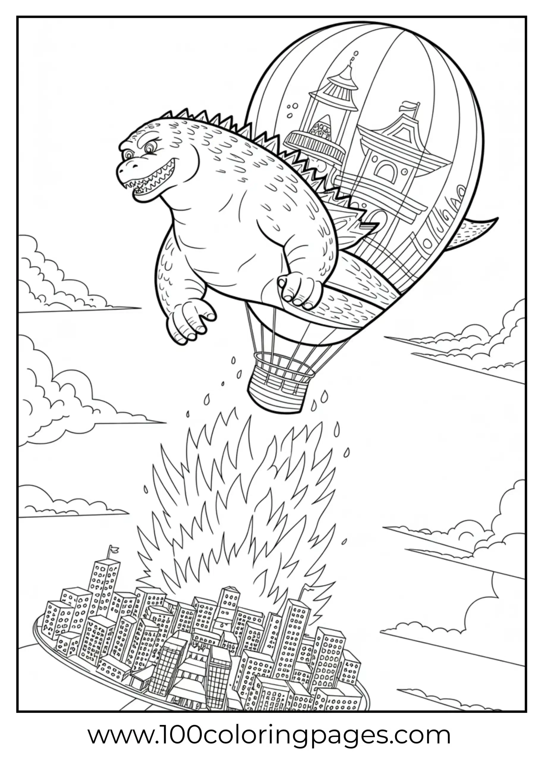 Godzilla floating in hot air balloon coloring page