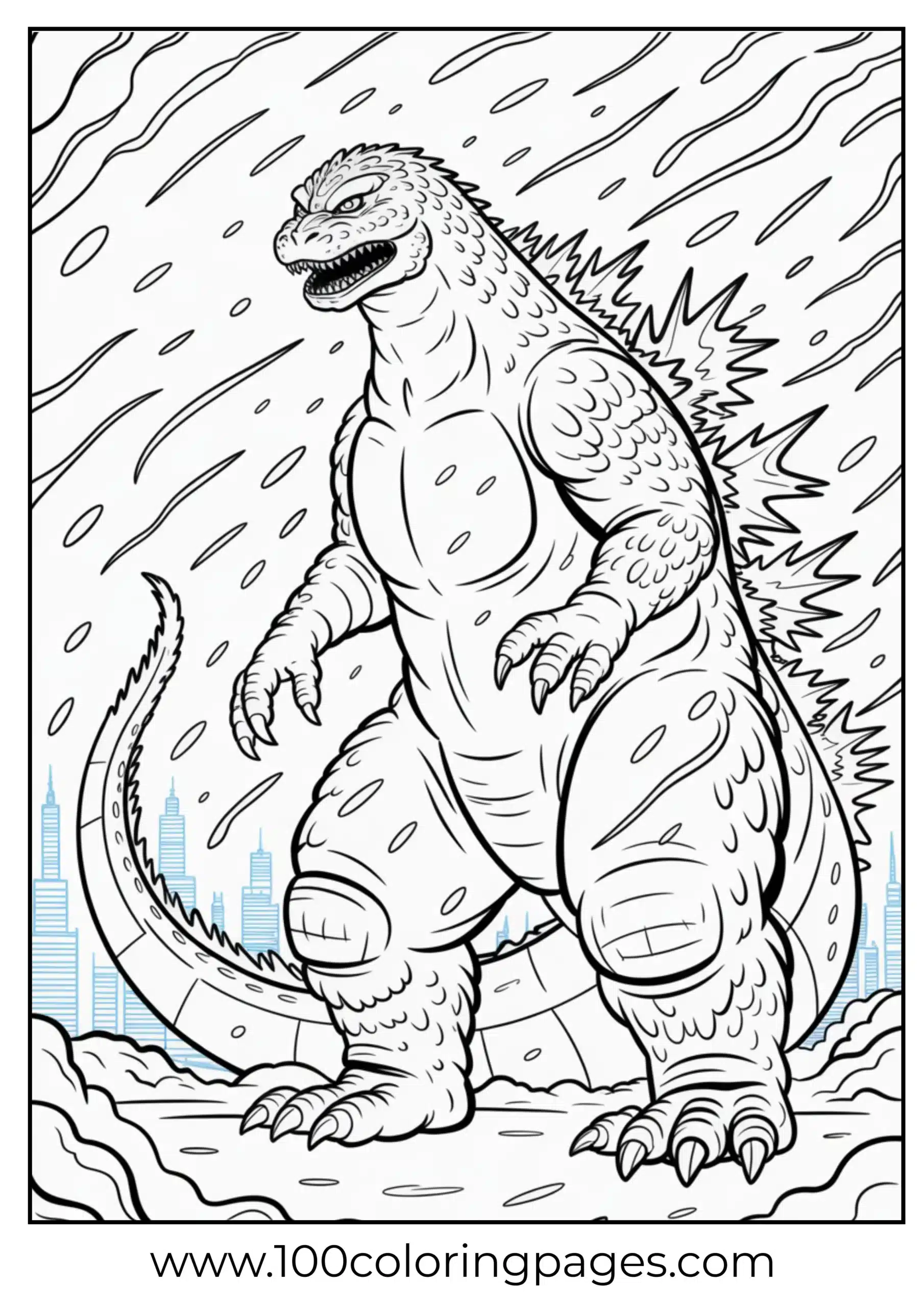 Godzilla in winter storm with snow on body coloring page