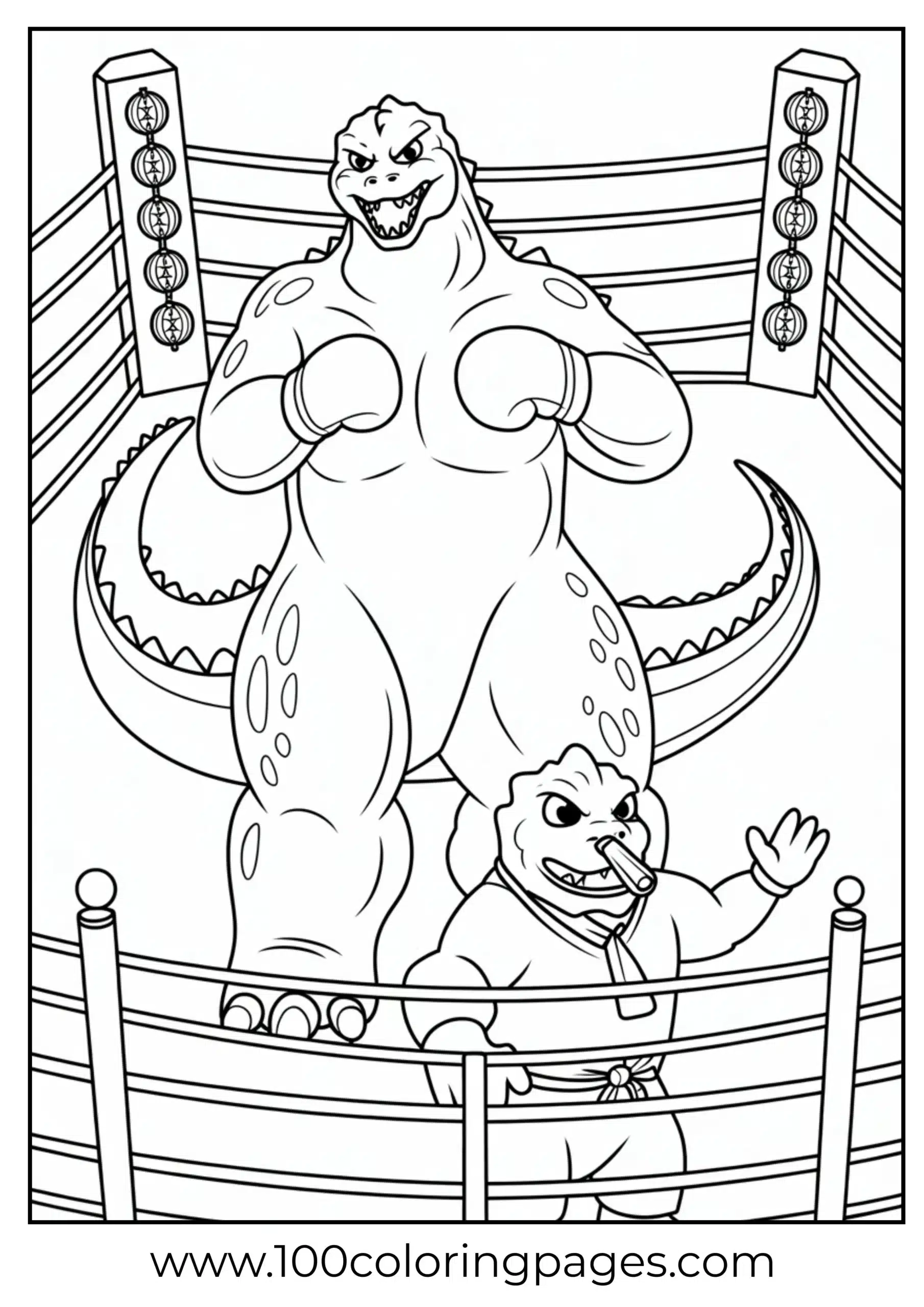 Godzilla wearing boxing gloves in ring coloring page