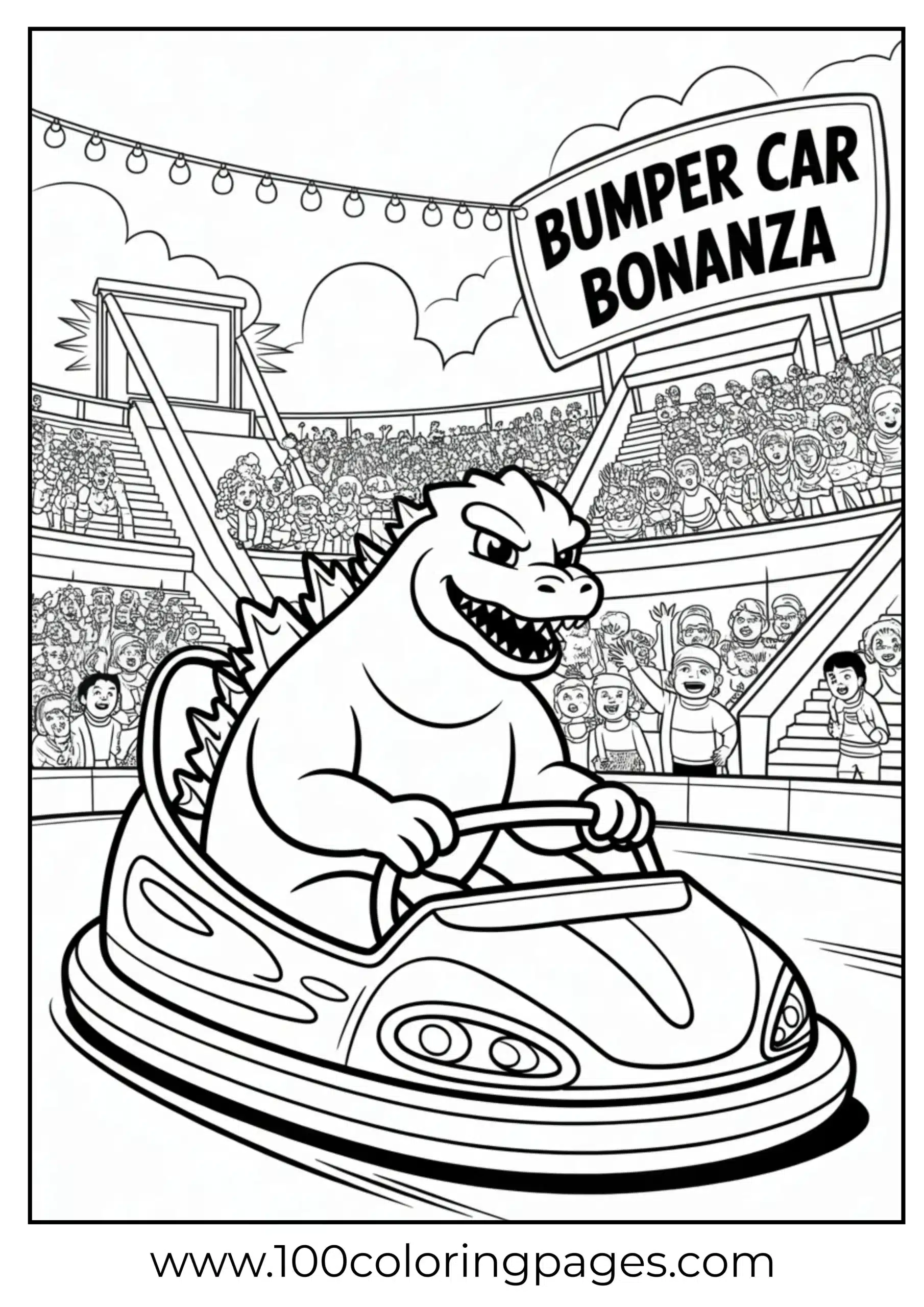 Godzilla riding bumper car at amusement park coloring page
