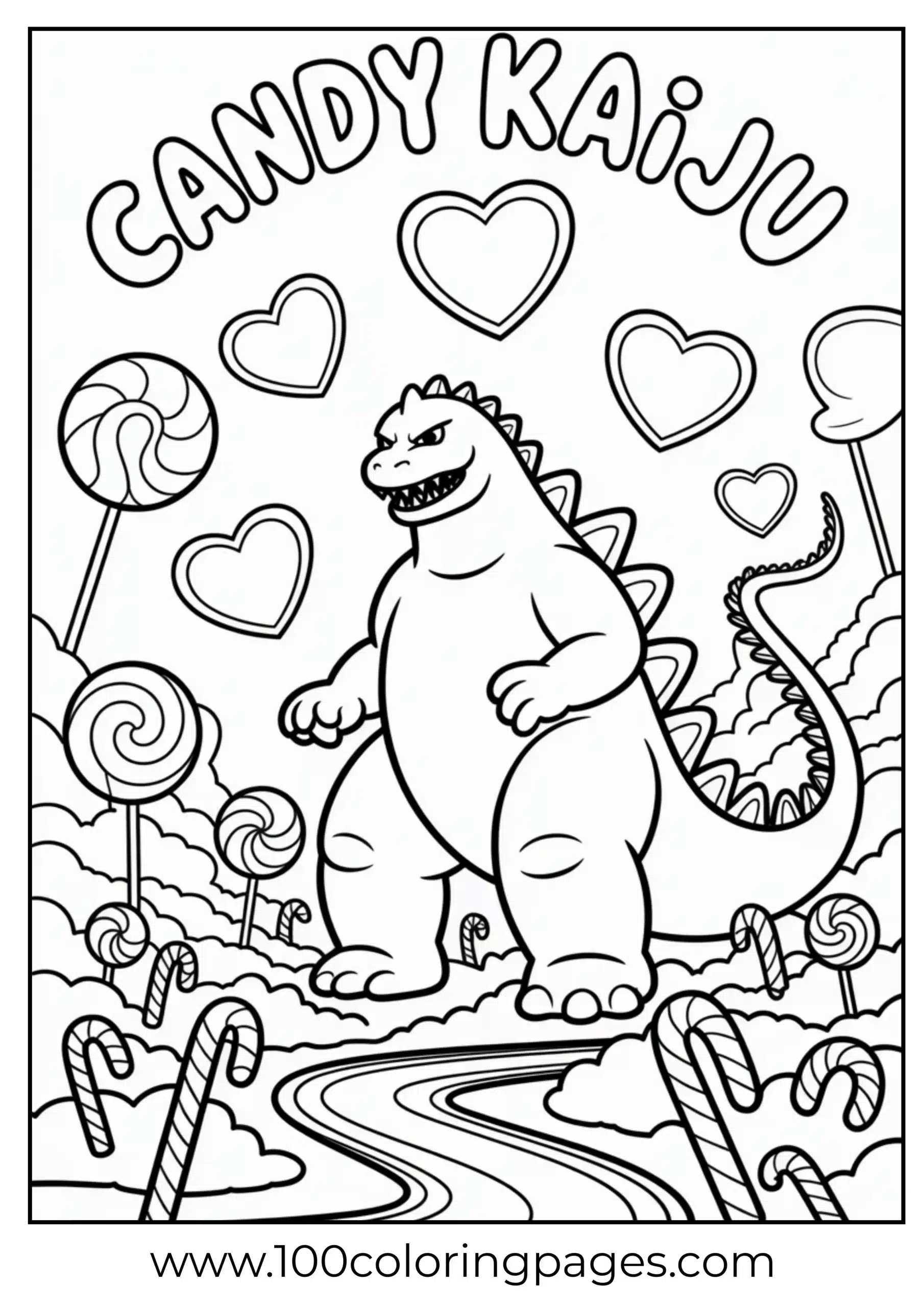 Godzilla in candy world with sweets around coloring page