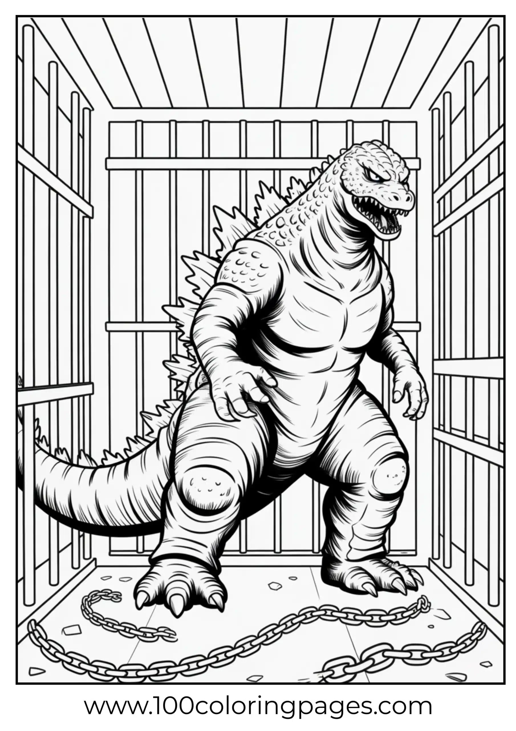Godzilla inside broken cage with bent bars coloring page