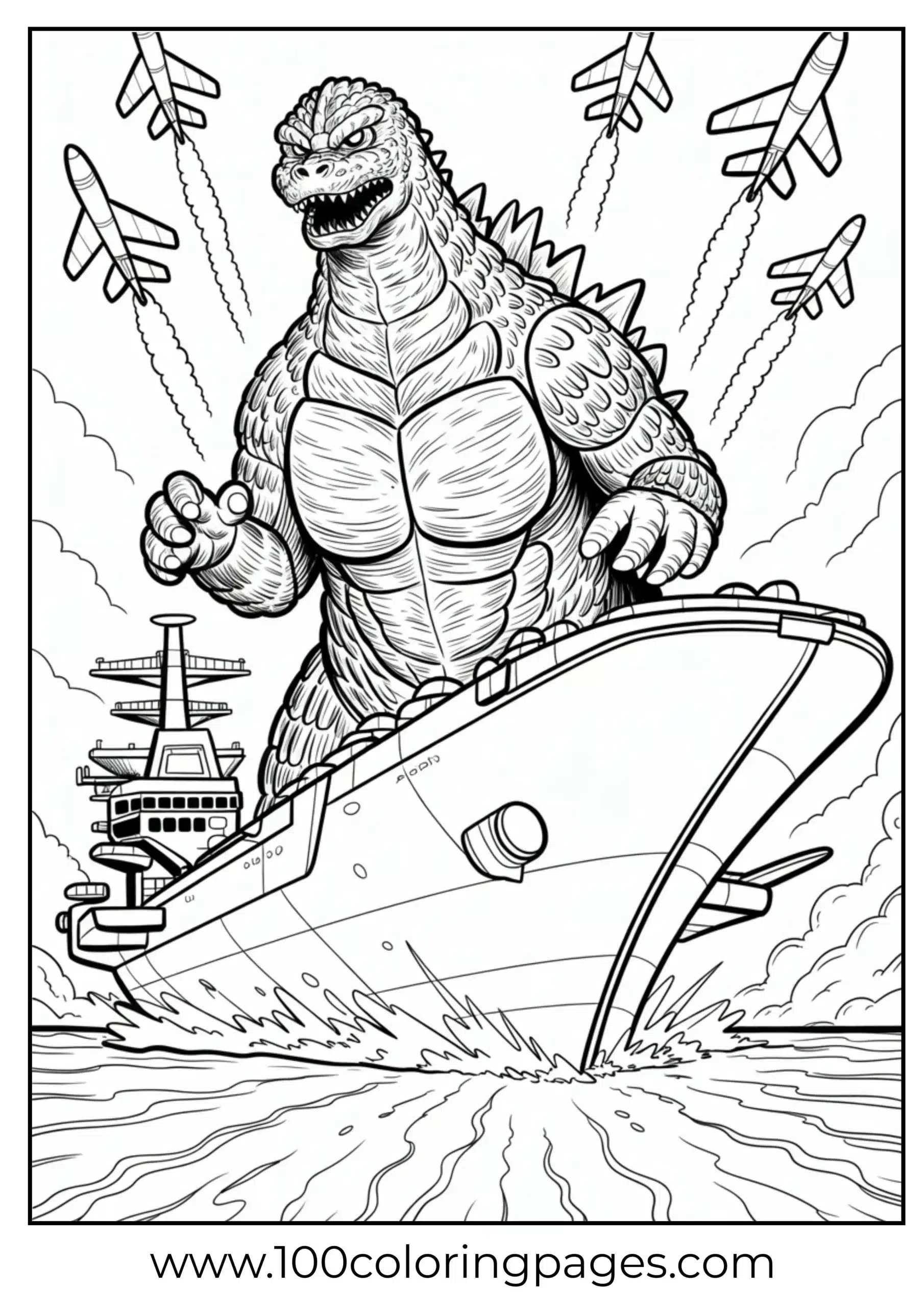 Godzilla standing on warship with planes overhead coloring page
