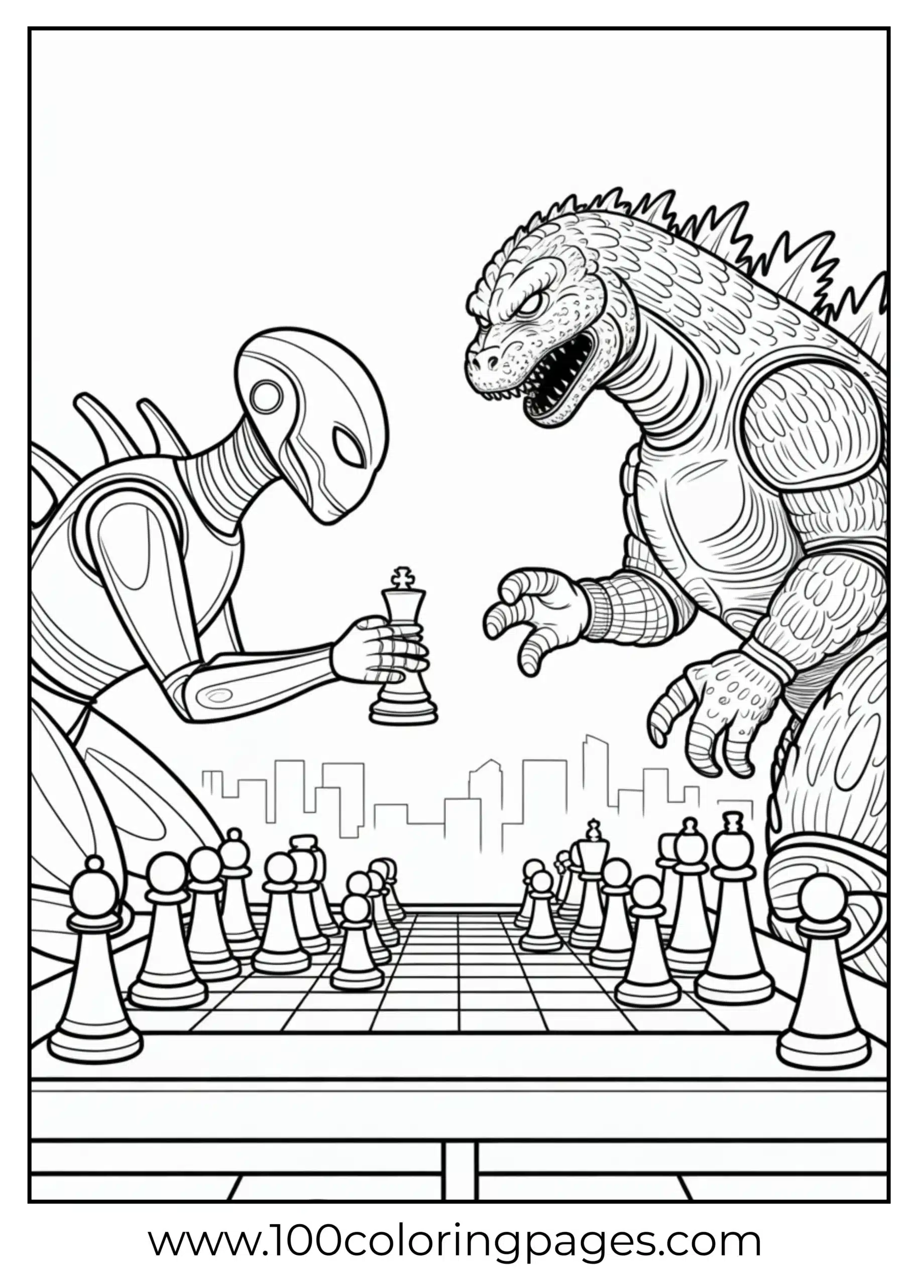 Godzilla in chess match against robot coloring page
