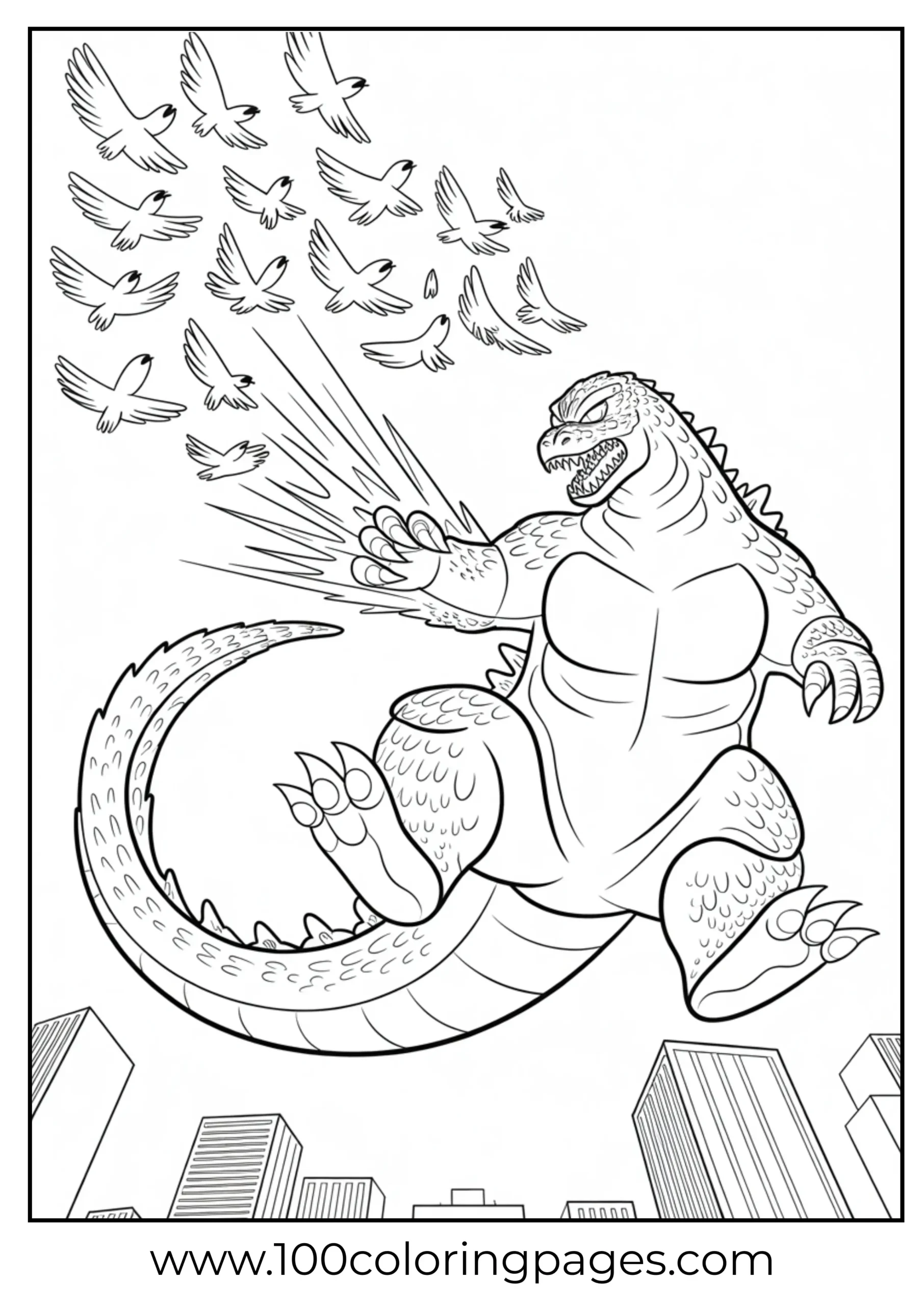 Godzilla claw slash knocking away birds coloring page