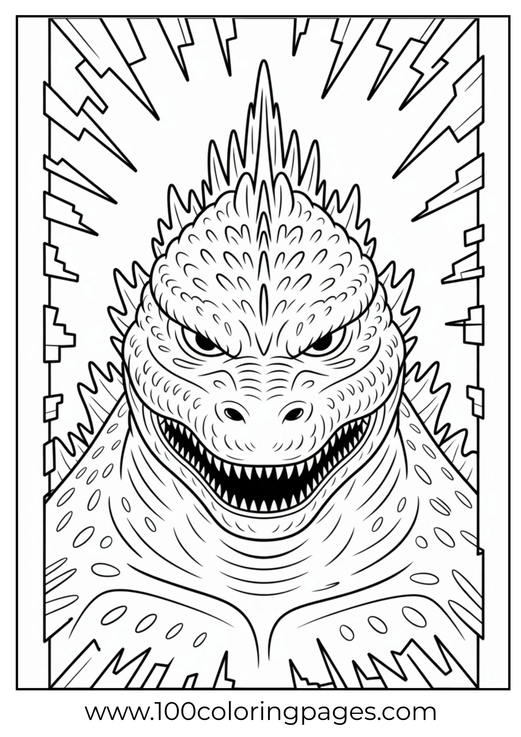 Godzilla face close-up with teeth and fins coloring page