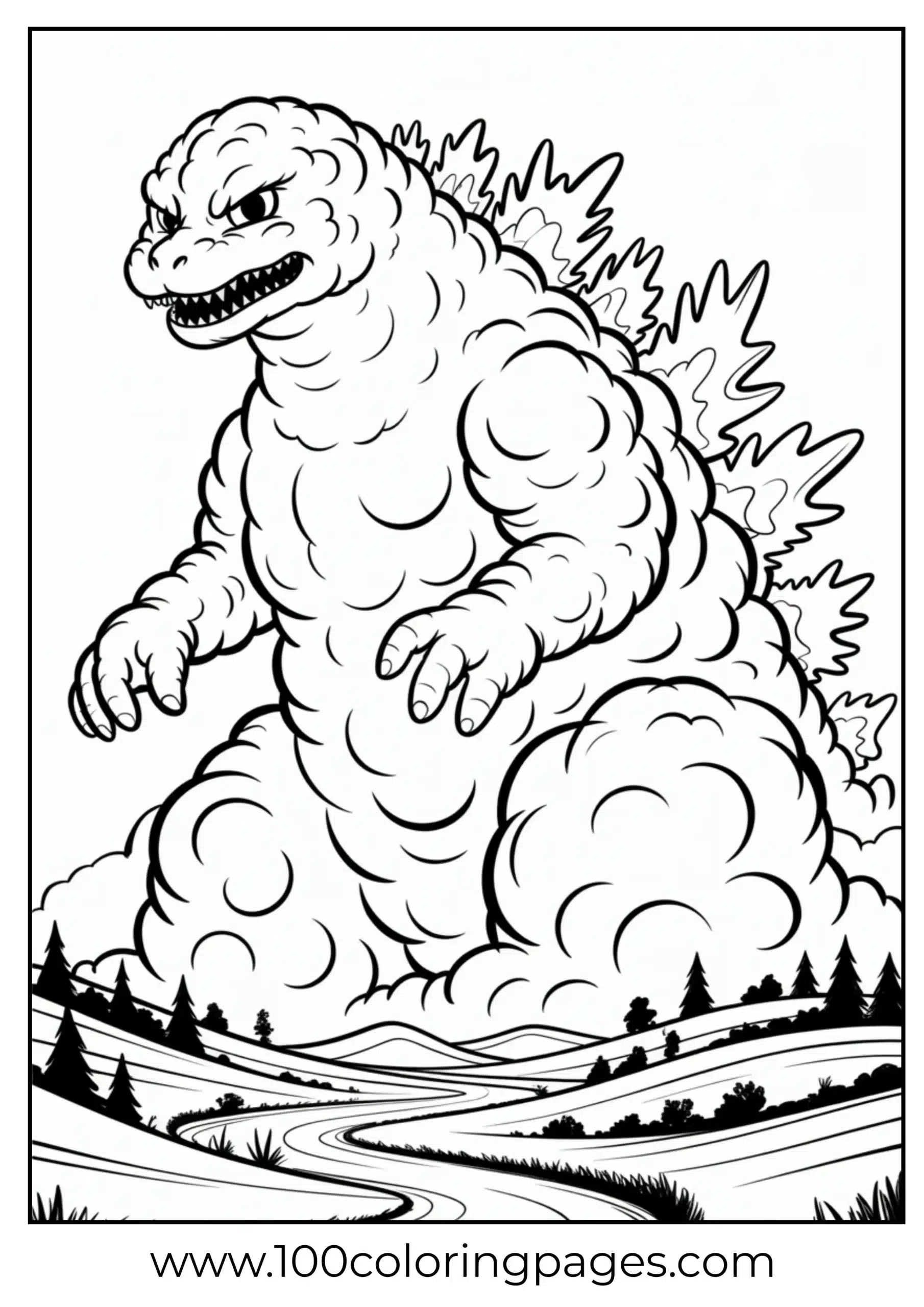 Godzilla-shaped cloud above horizon coloring page