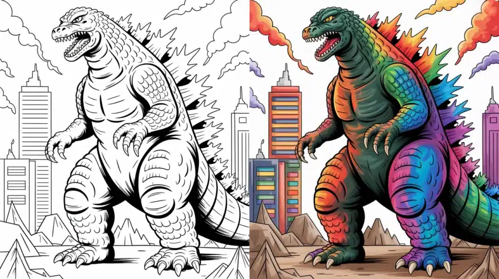 Godzilla coloring pages – classic monster roaring over a city skyline, line art and colored versions.