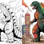 Godzilla coloring pages – classic monster roaring over a city skyline, line art and colored versions.