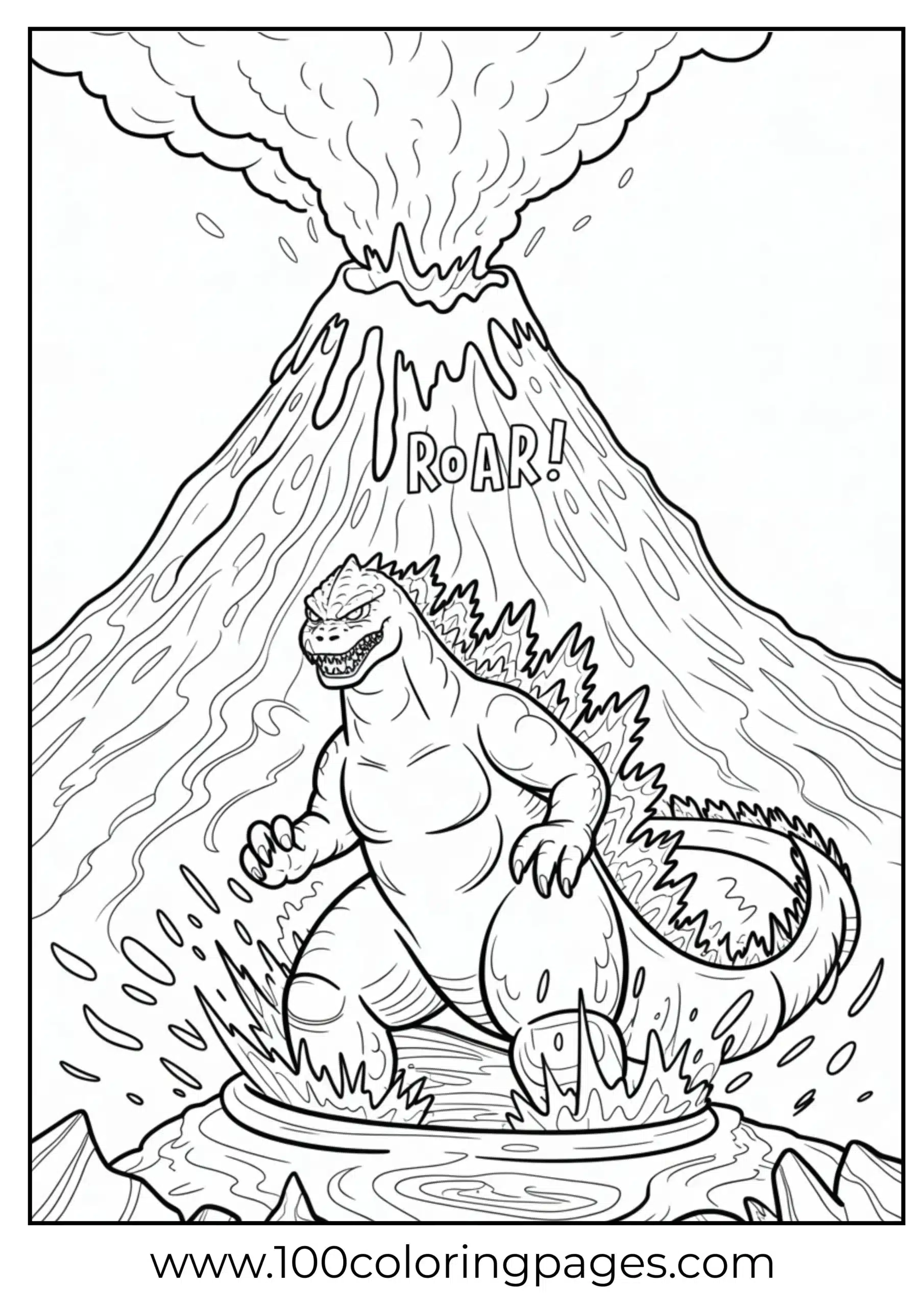 Godzilla standing in volcano crater with lava around coloring page