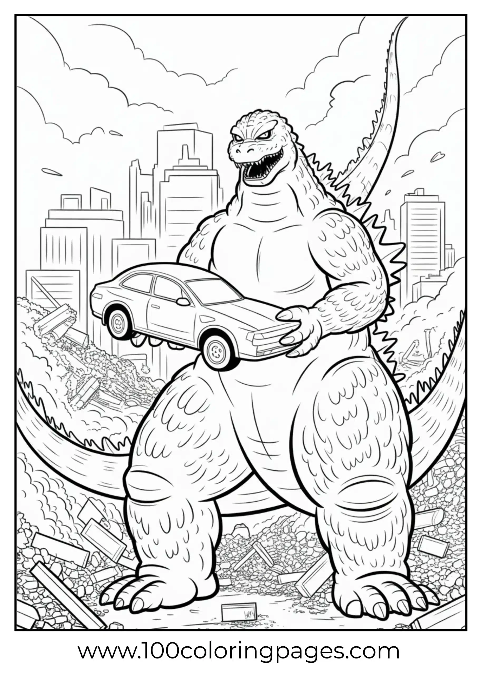Godzilla holding crushed car with rubble background coloring page