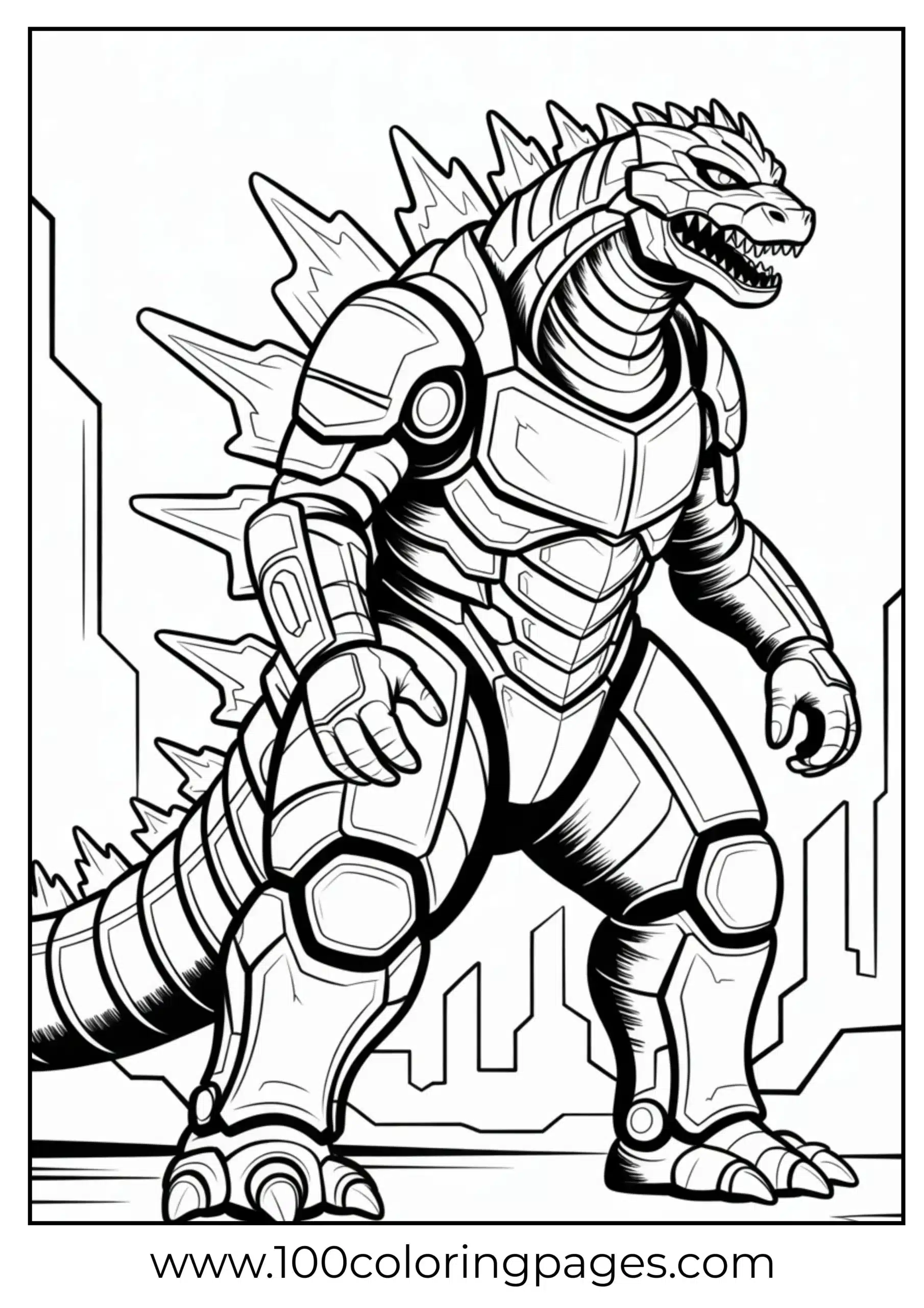 Cyber Godzilla with armor and tech details coloring page