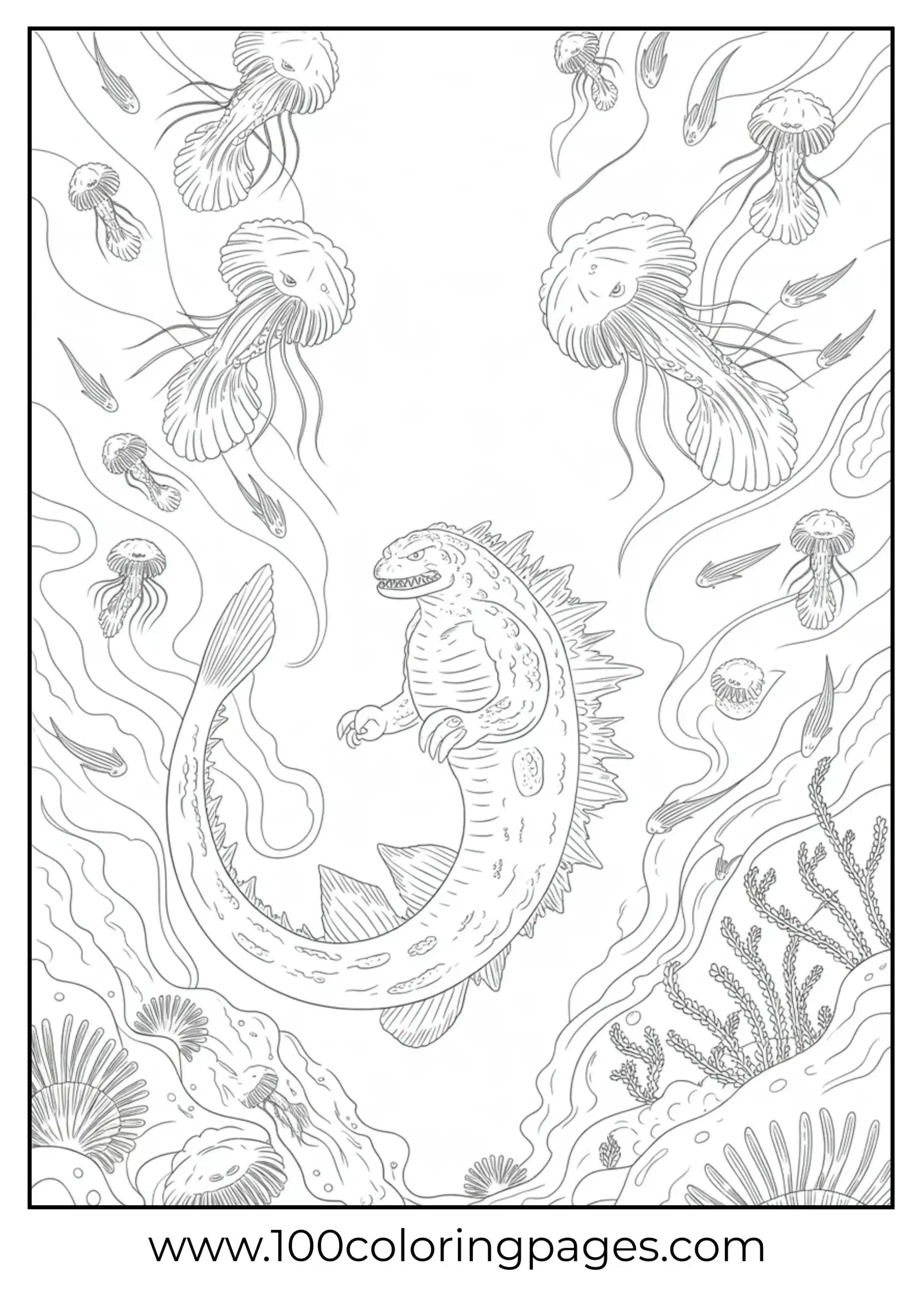 Godzilla among glowing fish deep underwater coloring page