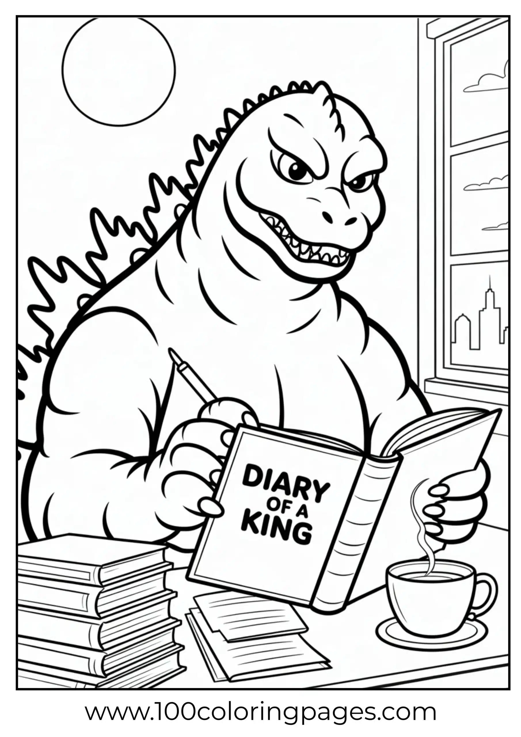 Godzilla writing diary under moon coloring page