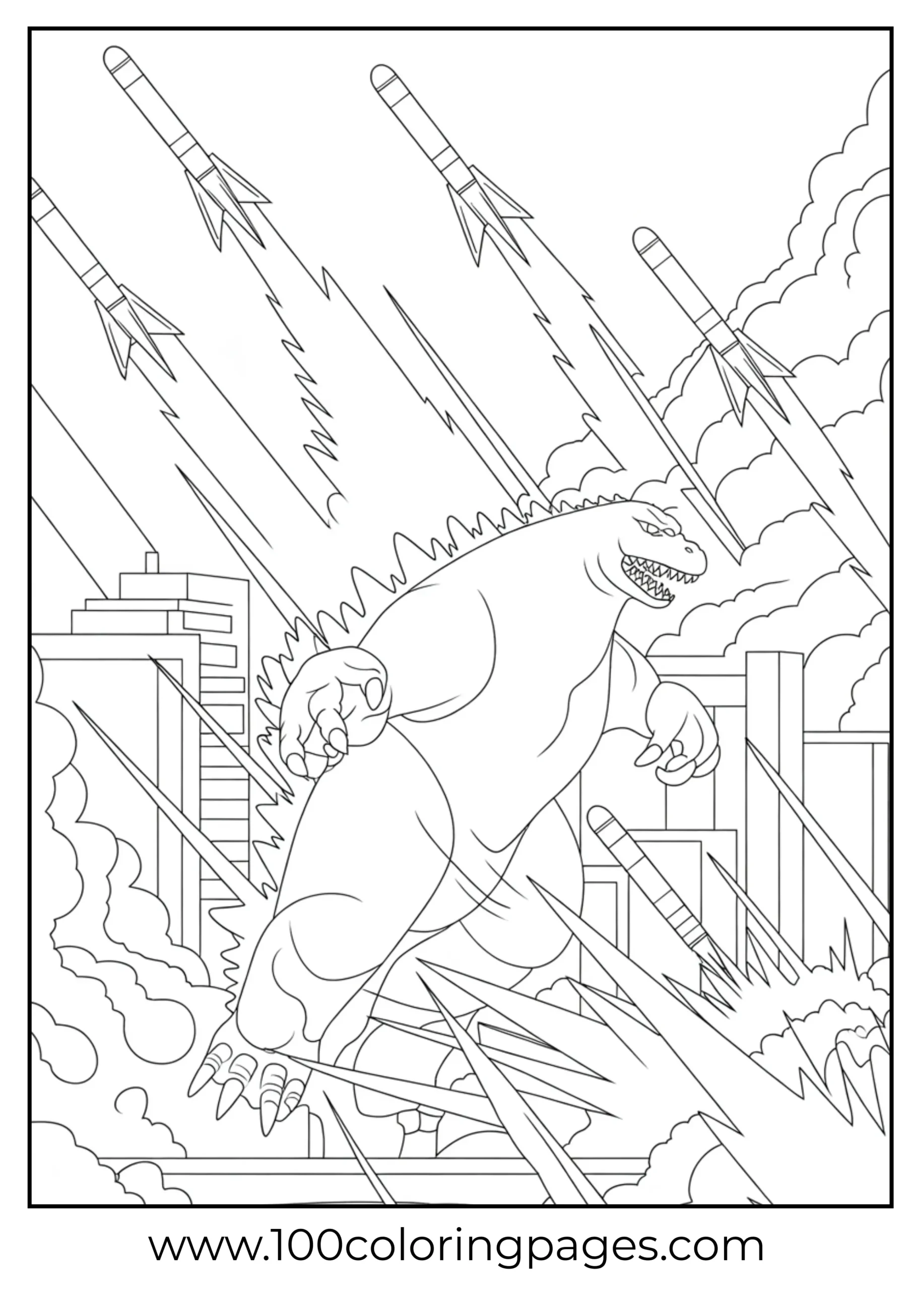 Godzilla dodging fired missiles in mid-air coloring page