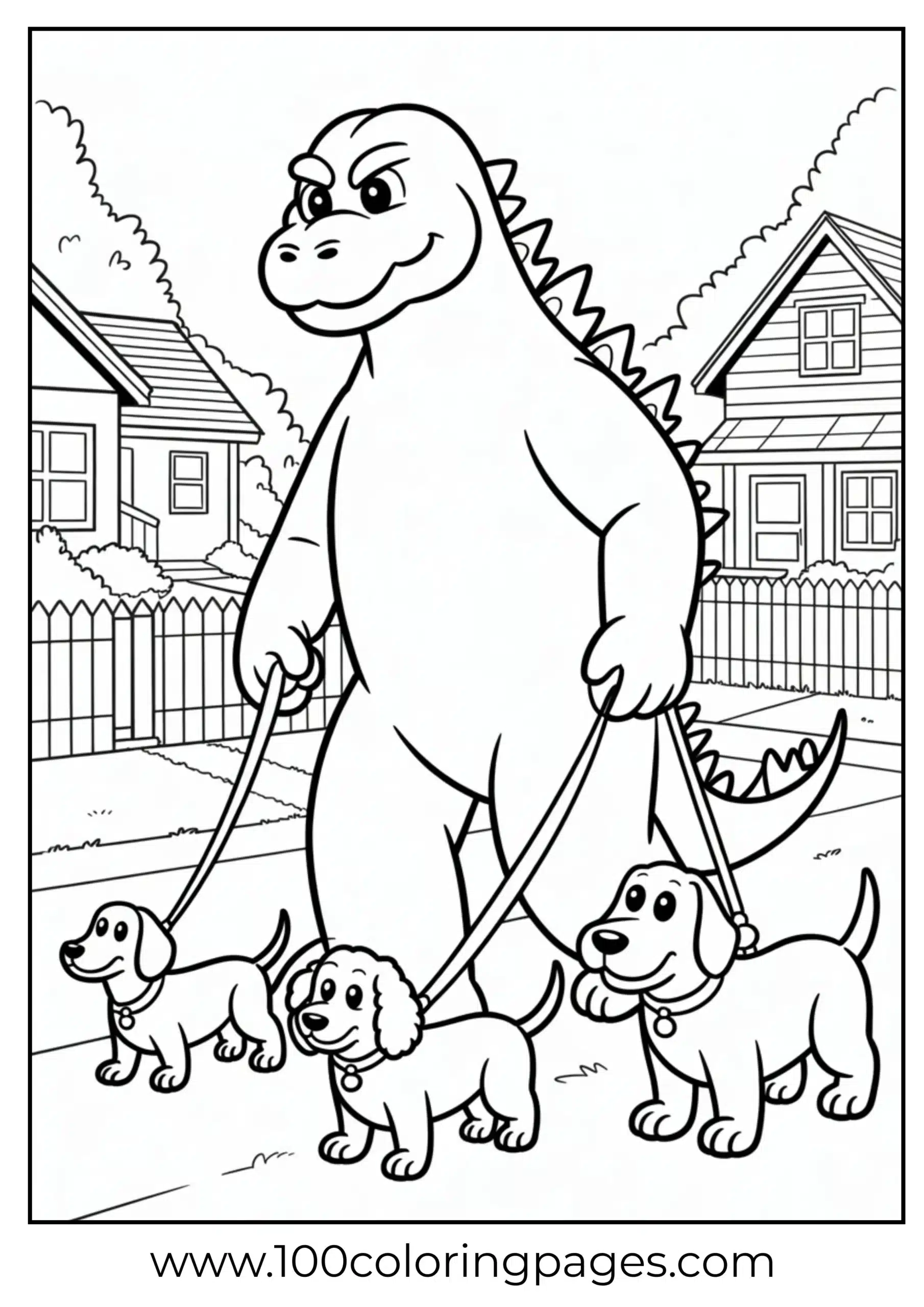 Godzilla walking dogs through city street coloring page