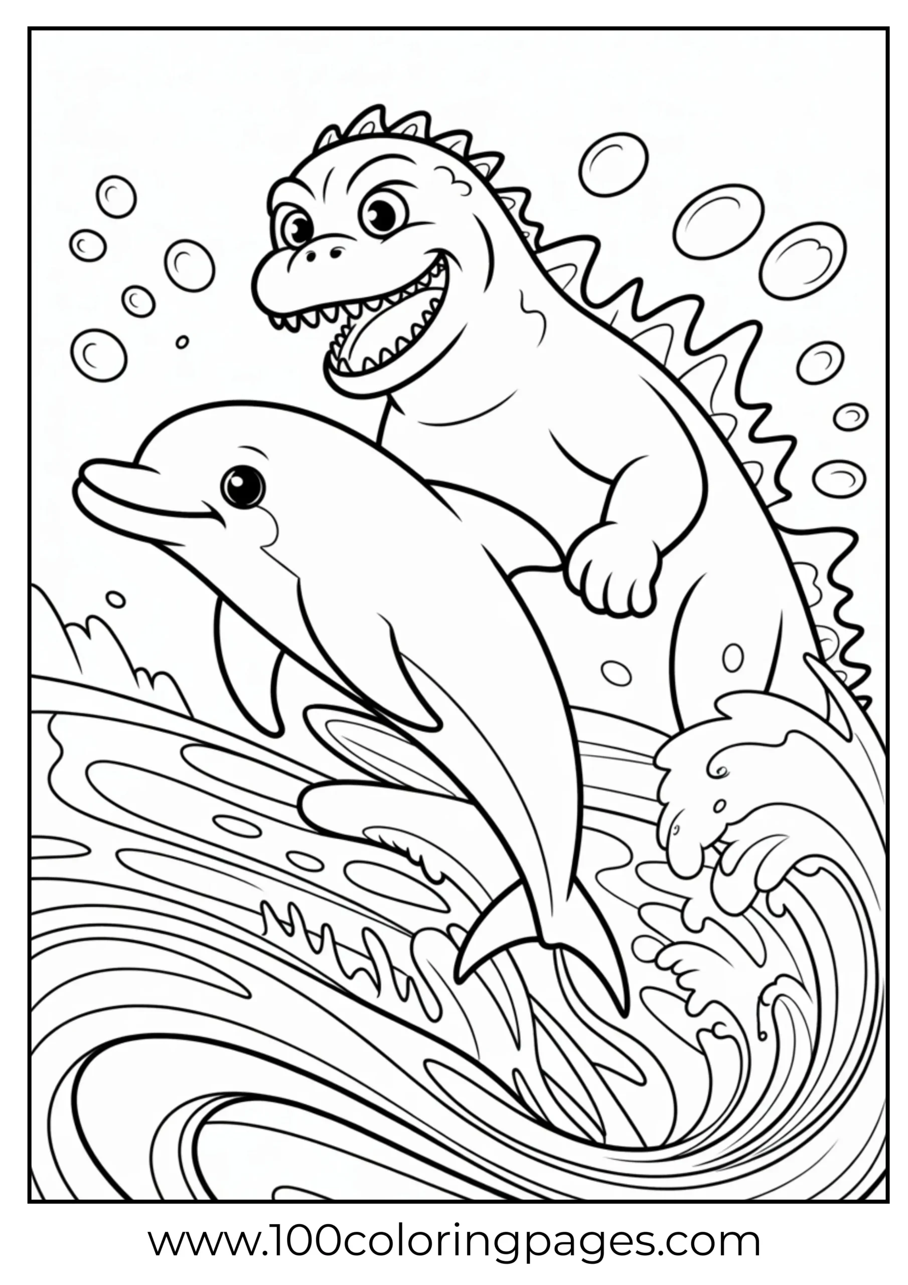 Godzilla riding dolphin in ocean waves coloring page
