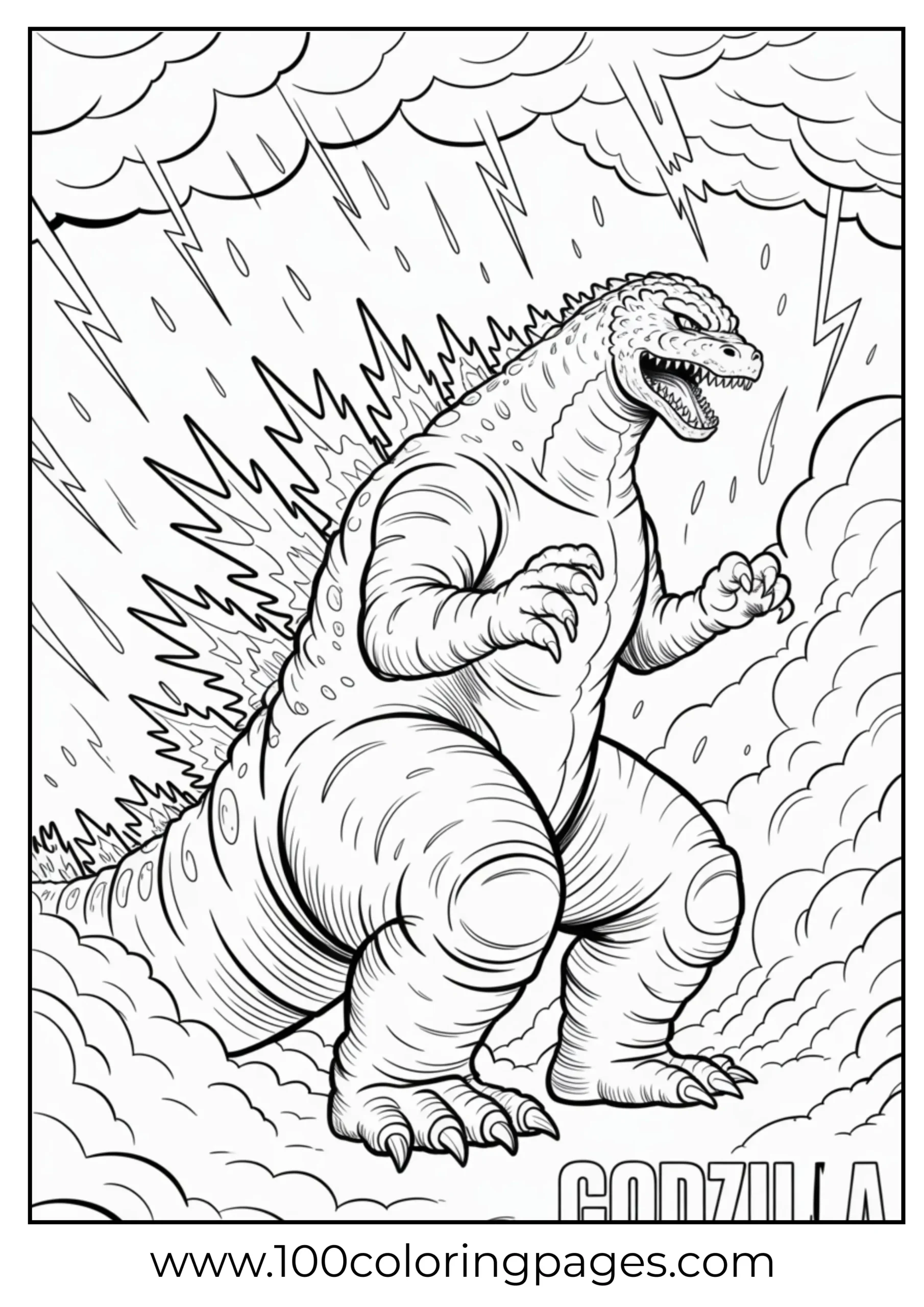 Electrified Godzilla with storm aura coloring page