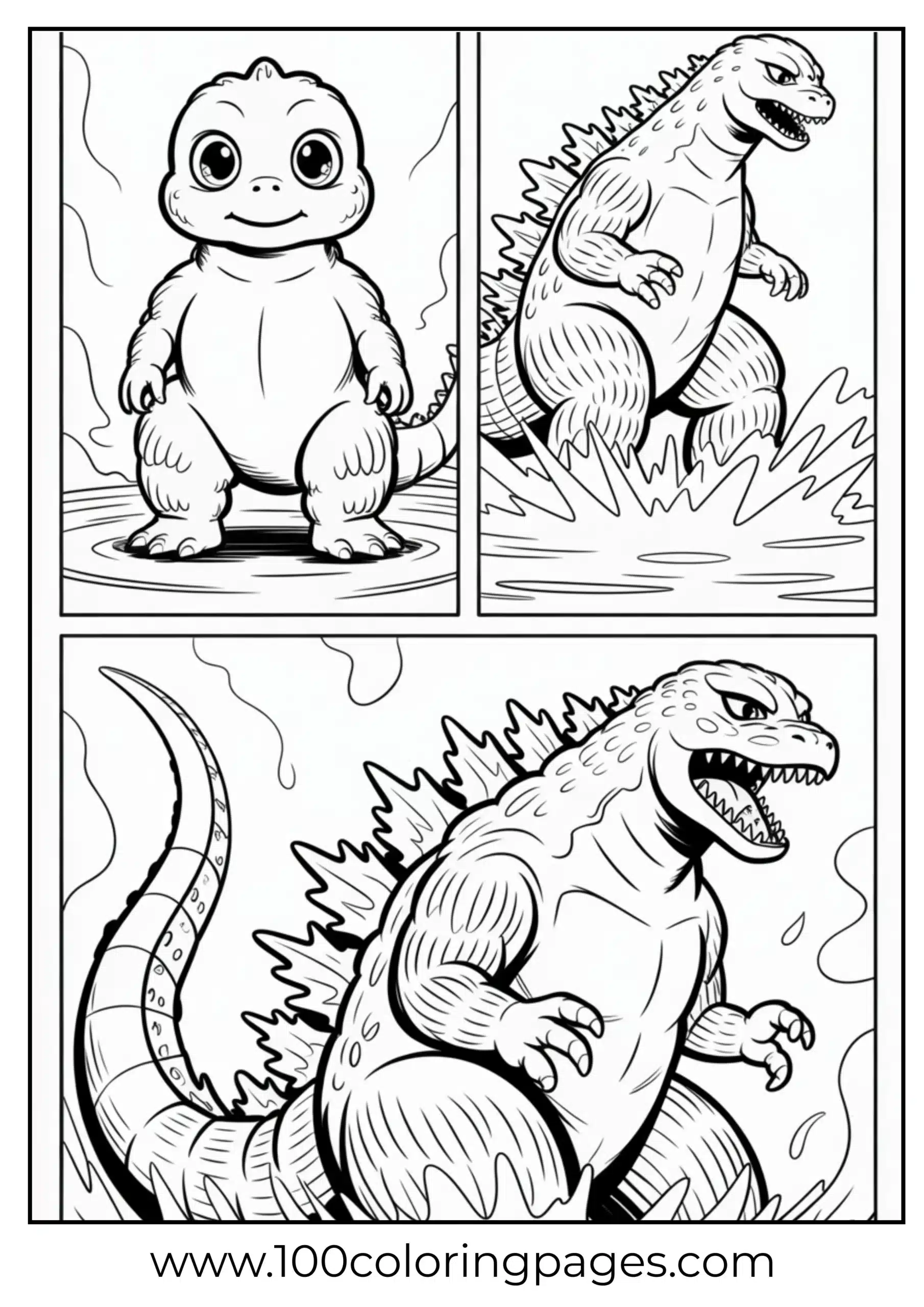 Godzilla life stages from baby to adult coloring page