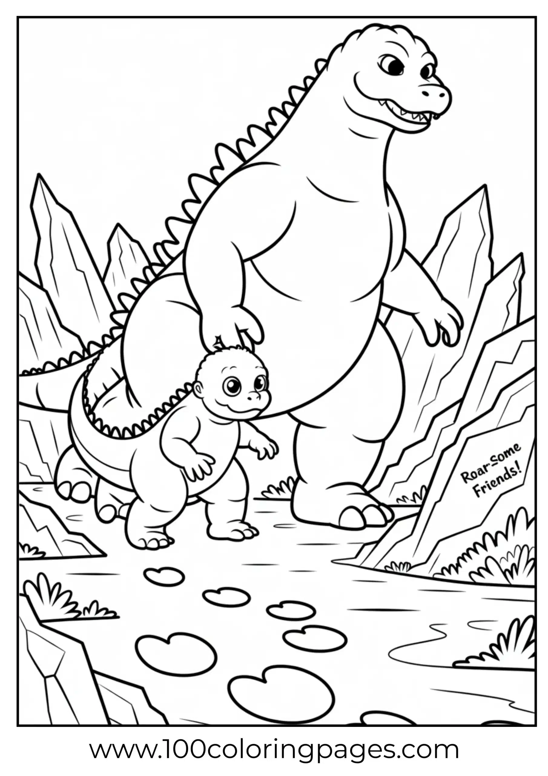 Baby Godzilla walking with adult version coloring page