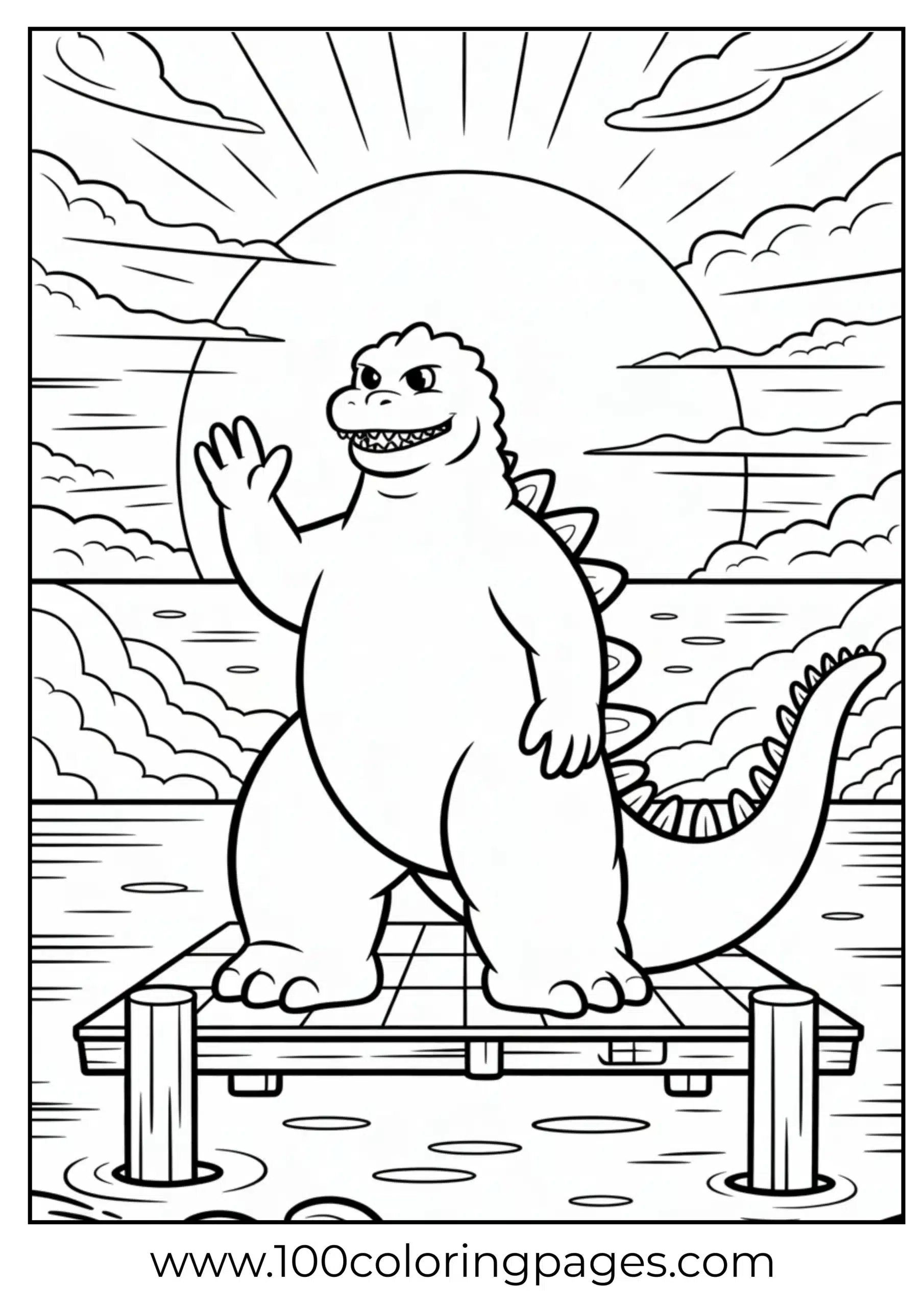 Godzilla waving at sunset from dock coloring page